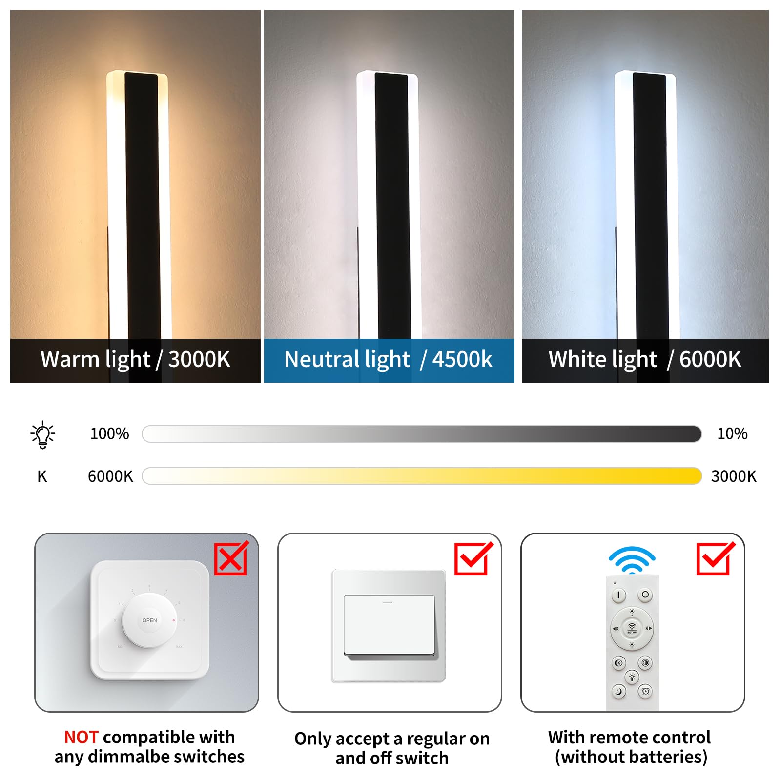 Daoseolo 2 Pack Outdoor Wall Light Fixture, 39.3Inch Black Aluminium Modern Wall Sconce, Ip65 Waterproof Dimmable 3000K-6000K With Remote Control, Wall Mount Lighting For Porch, Patio, Yard, Garage