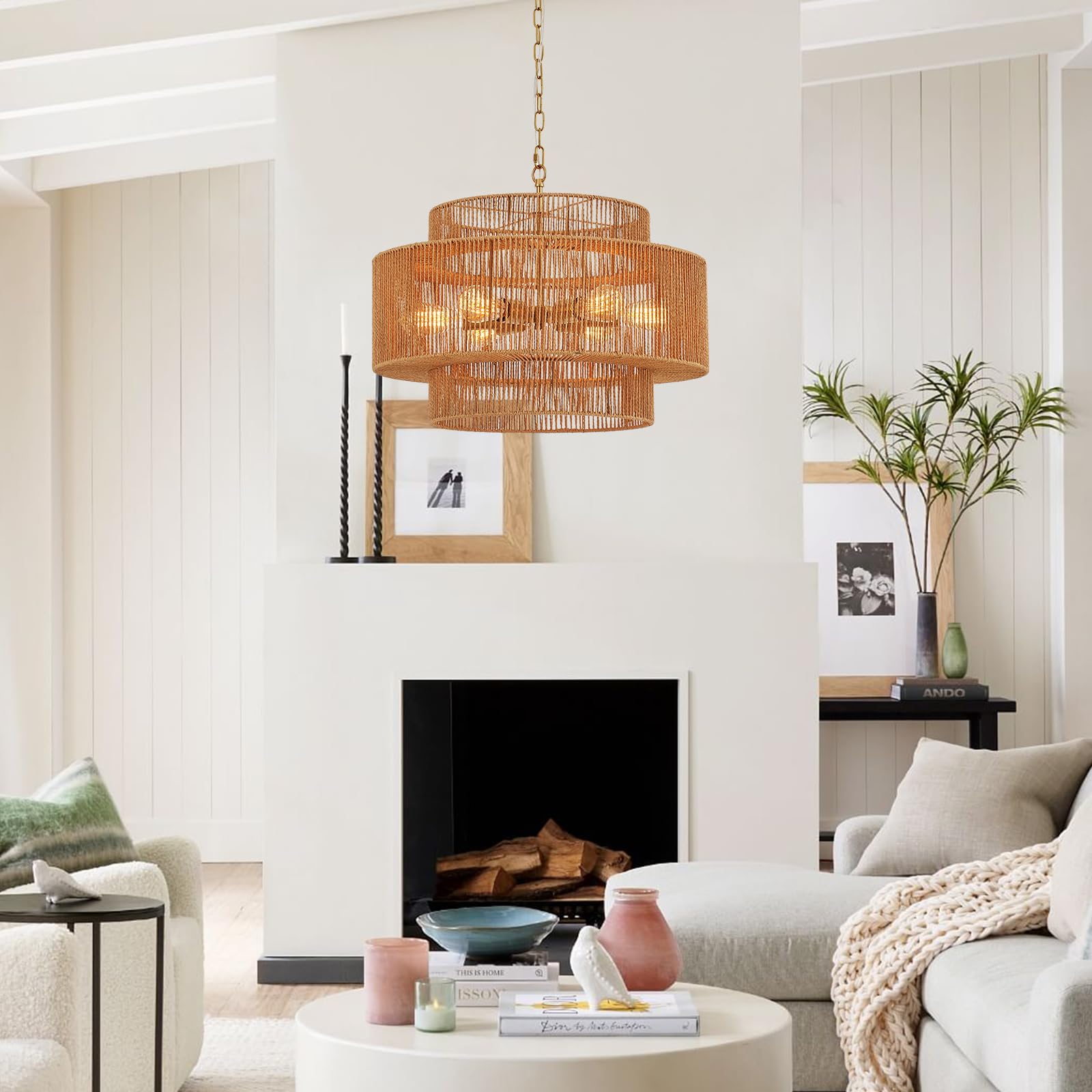 Widluth 23.6" Rattan Chandelier Light Fixture Vintage 6-Lights Boho Hand-Woven Bamboo Chandelier Retro Farmhouse 3-Tier Drum Wicker Rattan Golden Chandelier For Dining Room, Kitchen, Living Room