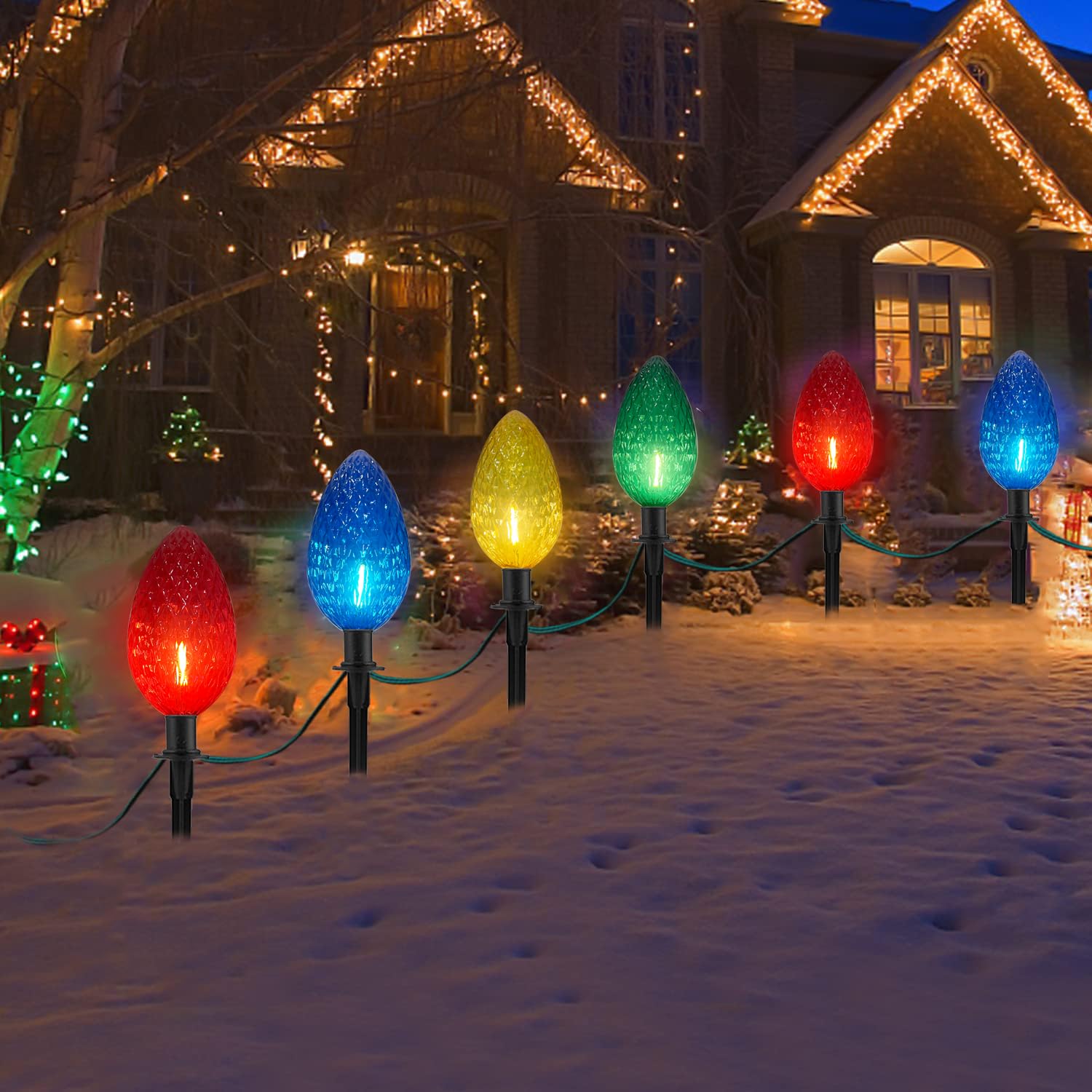 2 Pack Jumbo C9 Christmas Pathway String Lights Outdoor, Total 14 Feet Christmas Walkway Lights Waterproof With 8 Led C9 Jumbo M