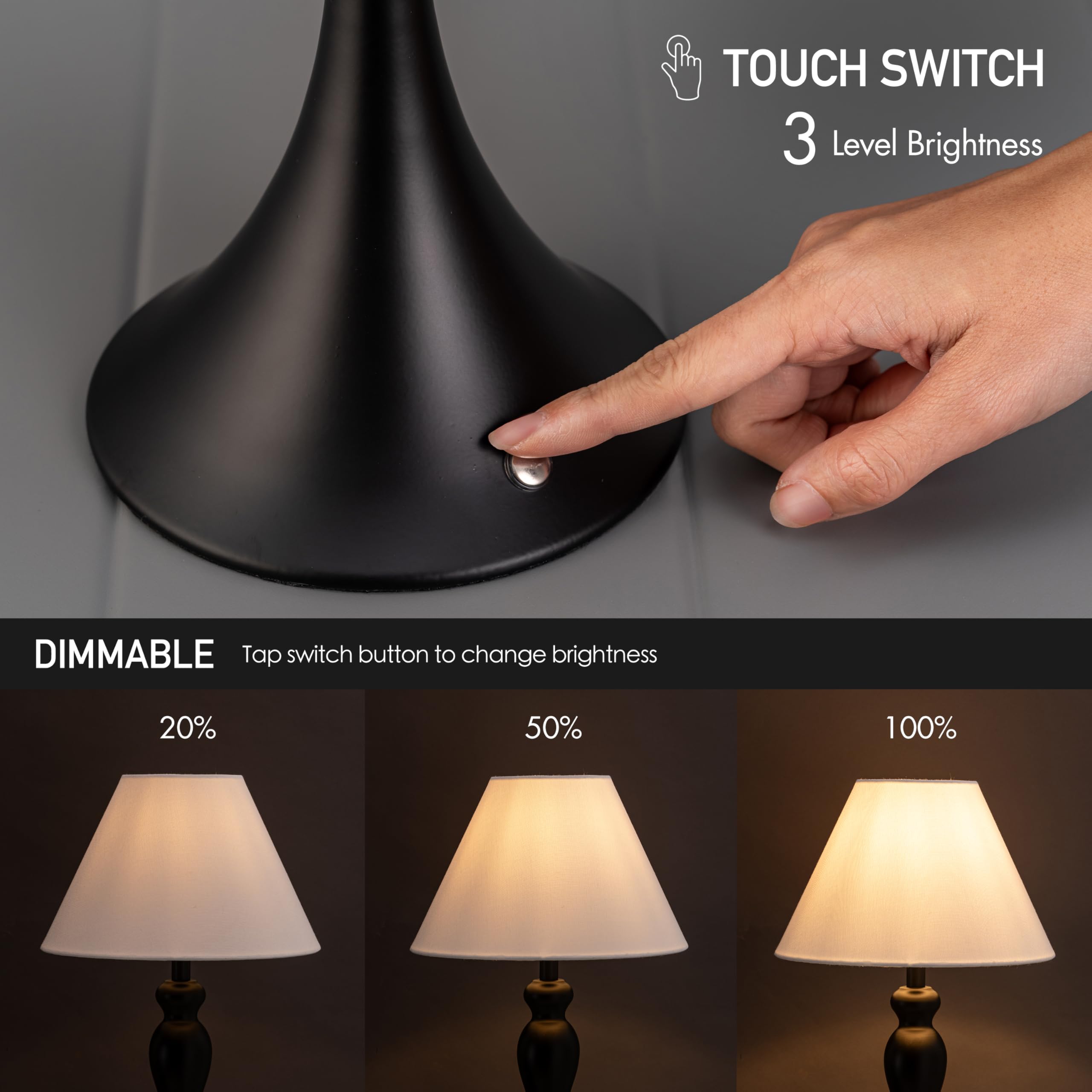 O'Bright Cordless Table Lamp - Rechargeable, Touch Dimmable, Portable, Black, Model OB-TL25B
