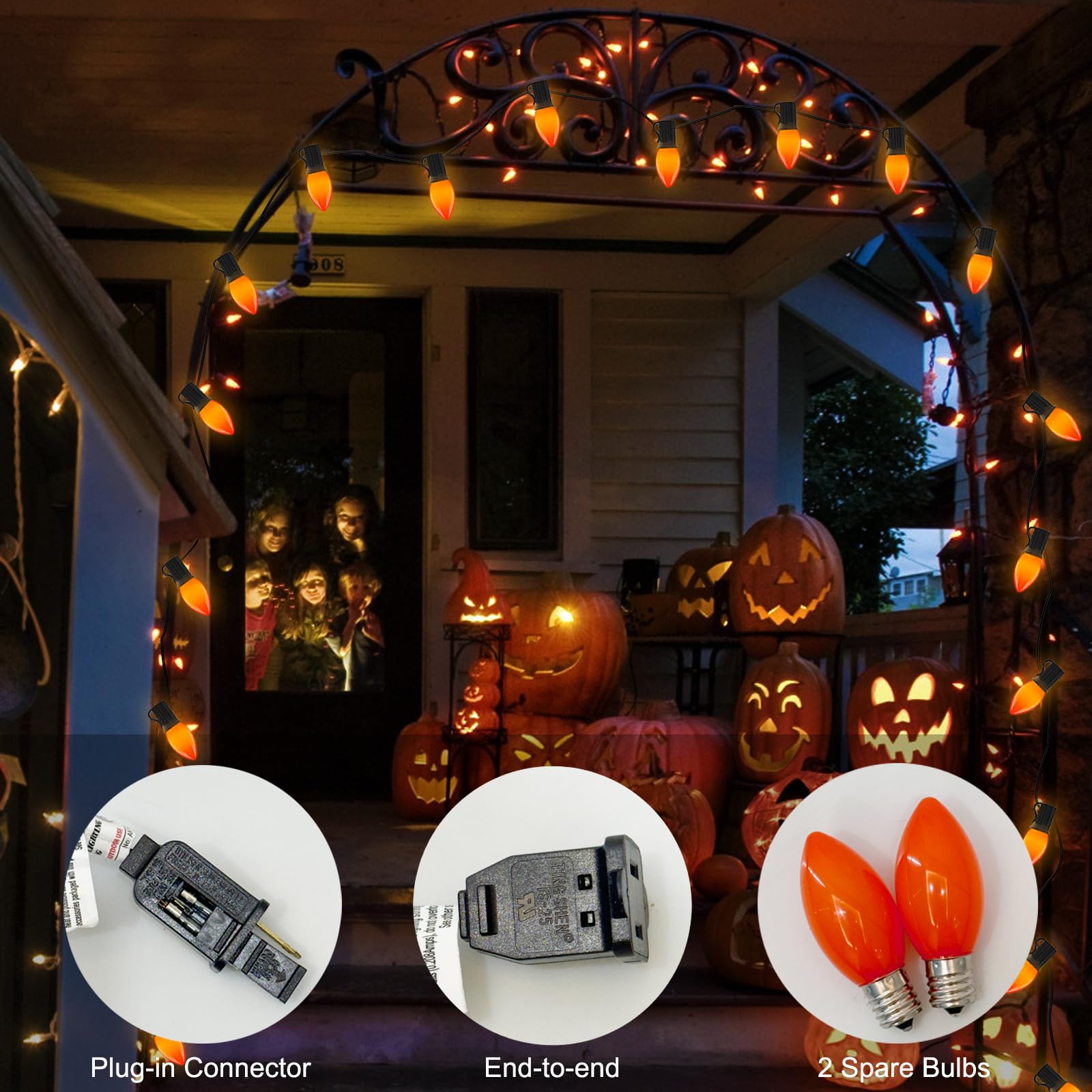 SUNSGNE C9 LED String Lights - 25FT Halloween Outdoor Lights with 27 Orange Bulbs, Black Wire, Model ULP(9)-LR(20)(0.6W)