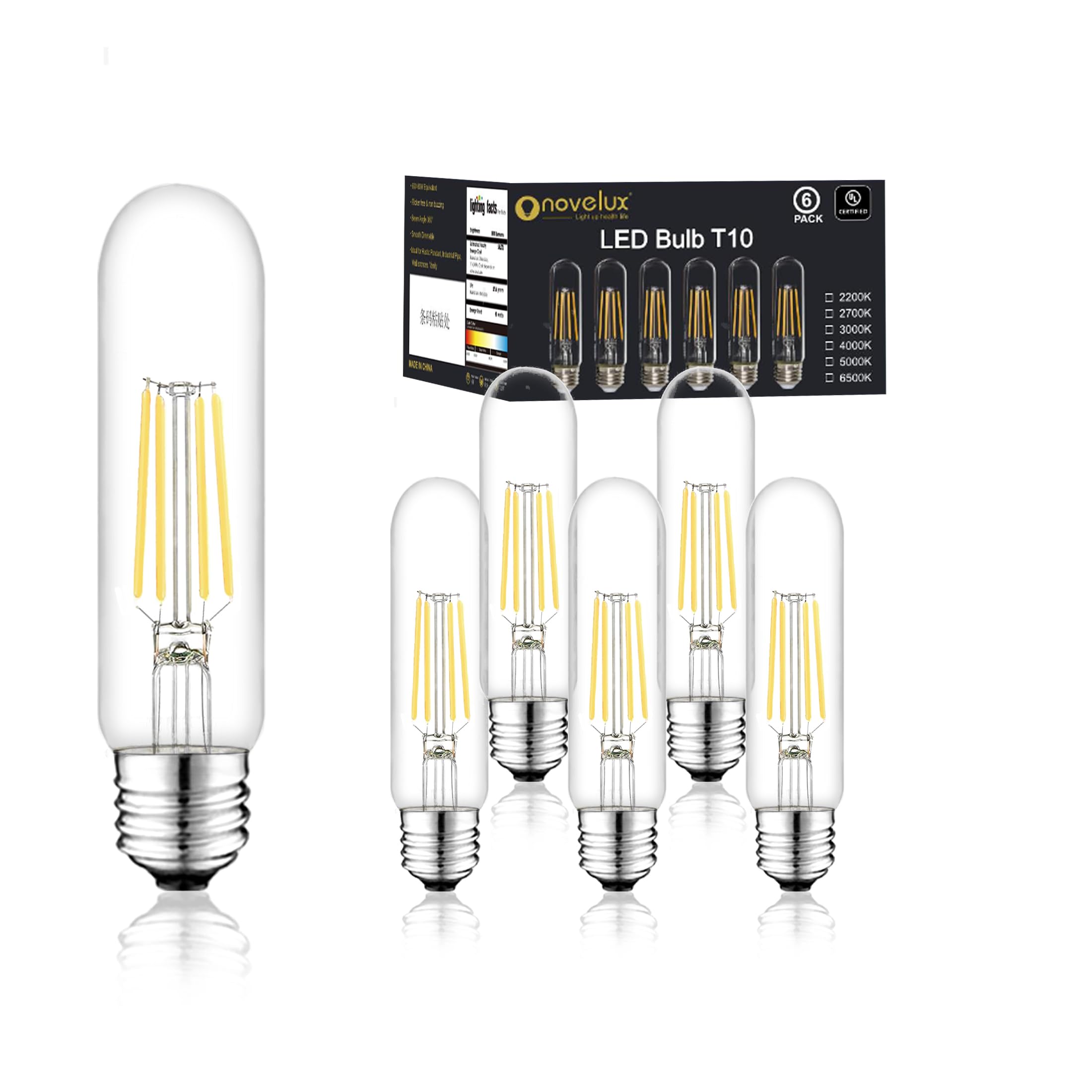 NOVELUX 5 Inch Edison Bulb, 6000K Cool White, 6W Dimmable T10 Clear Glass, 6 Pack