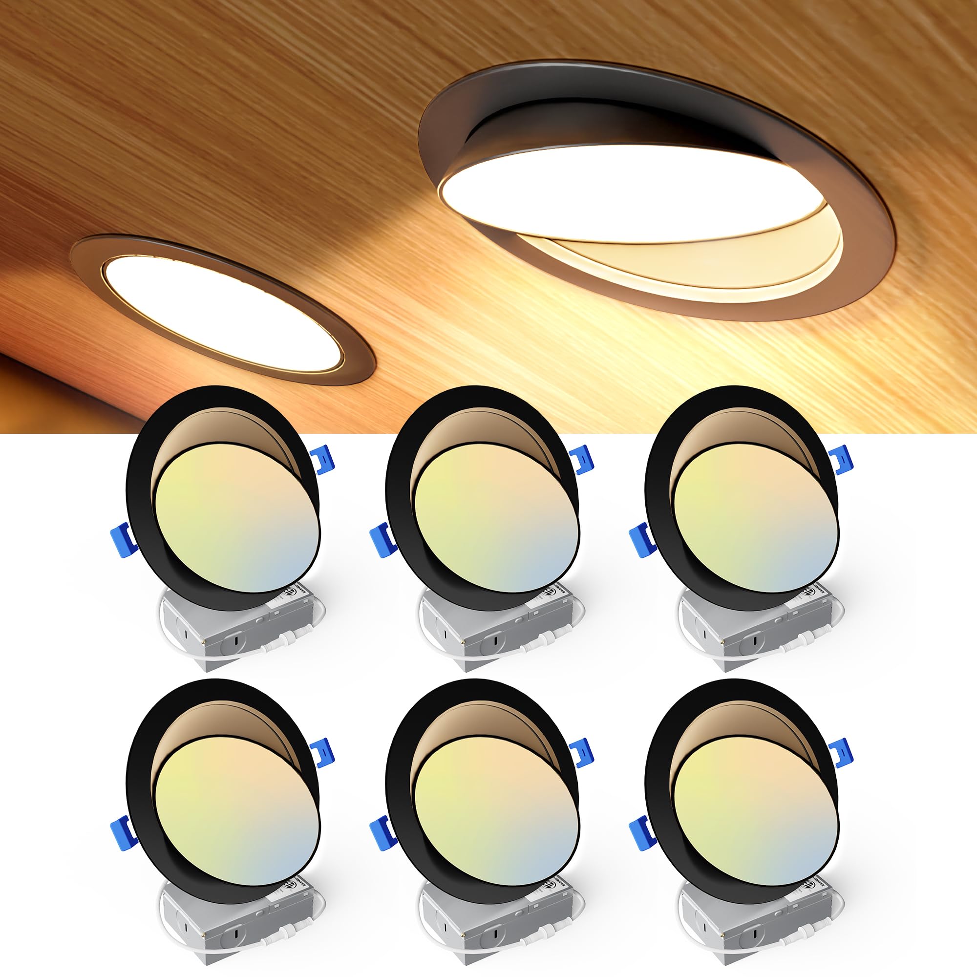 Ensenior 6 Pack 6 inch LED Eyeball Recessed Lighting  360+90 Rotatable and 2700K-5000K Selectable  CRI90+  Dimmable Gimbal Recessed Lights  1300LM  12W=115W-FCC  Black