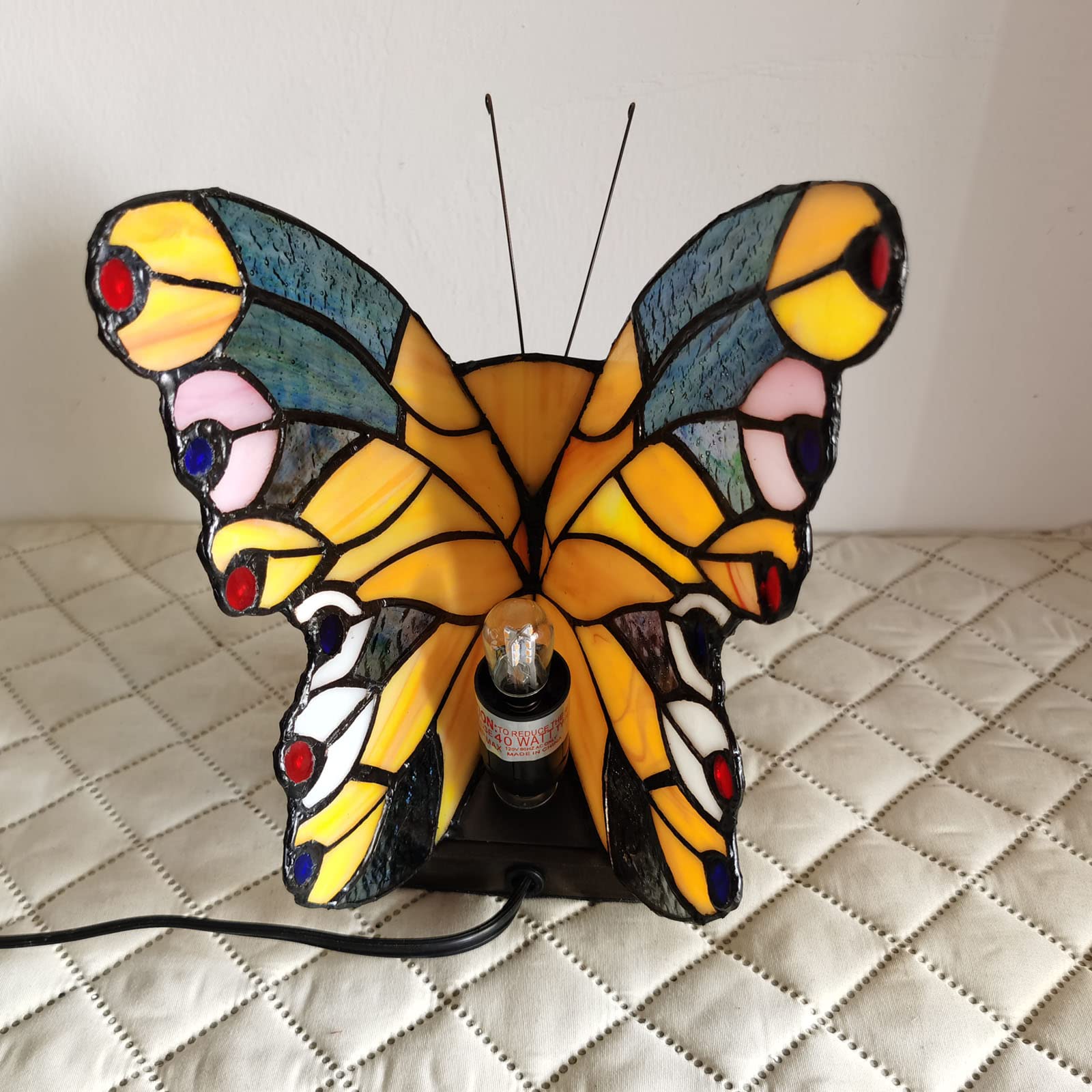 Fumat Bedside Table Lamp Led Tiffany Table Lamps Yellow Butterfly Stained Glass Shade On Off Switch Night Light Side Table Lamp