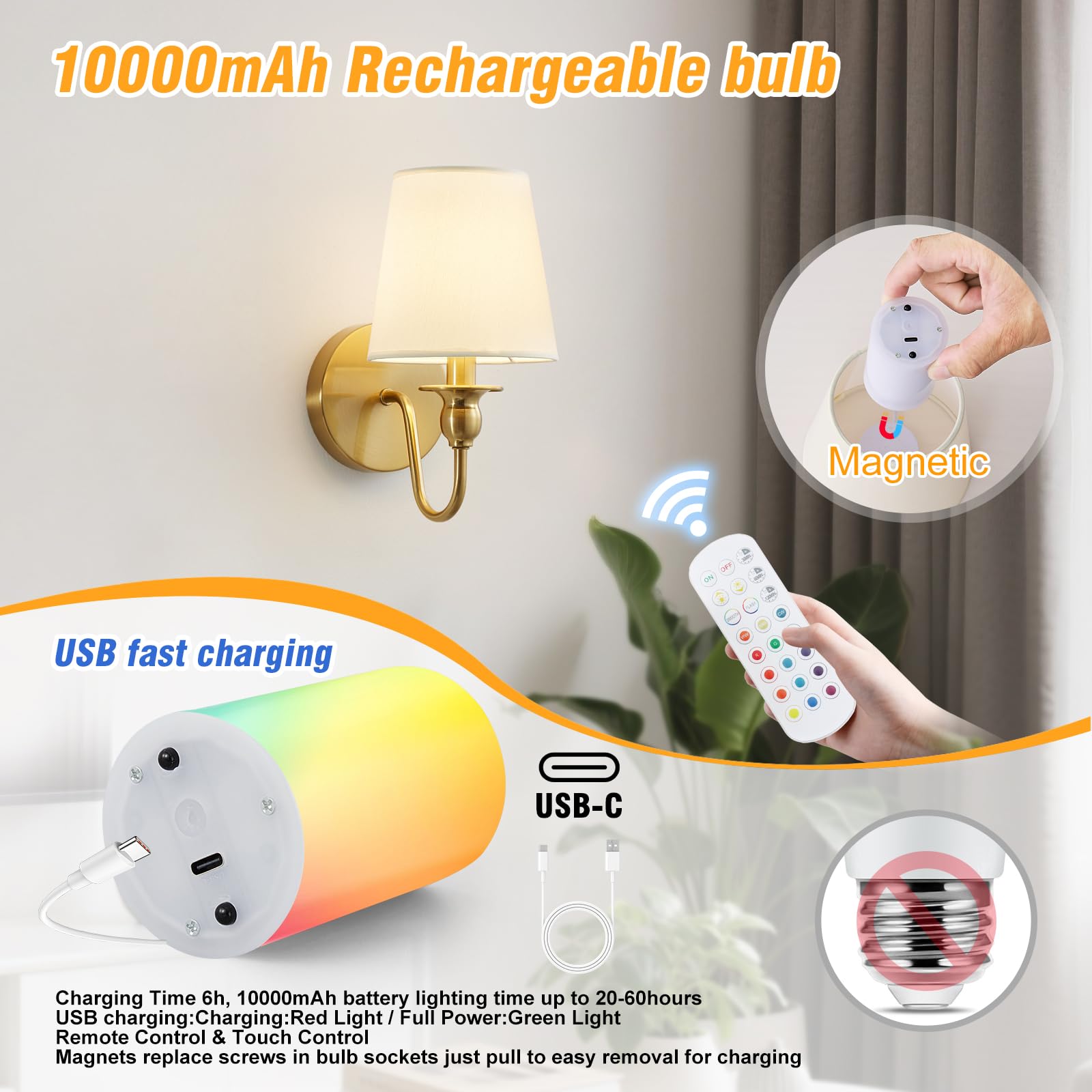 Nuanshued Battery Operated Wall Sconces - 2 Pack, Gold, Dimmable LED with Remote, 10000mAh Bulb, Model BL0050