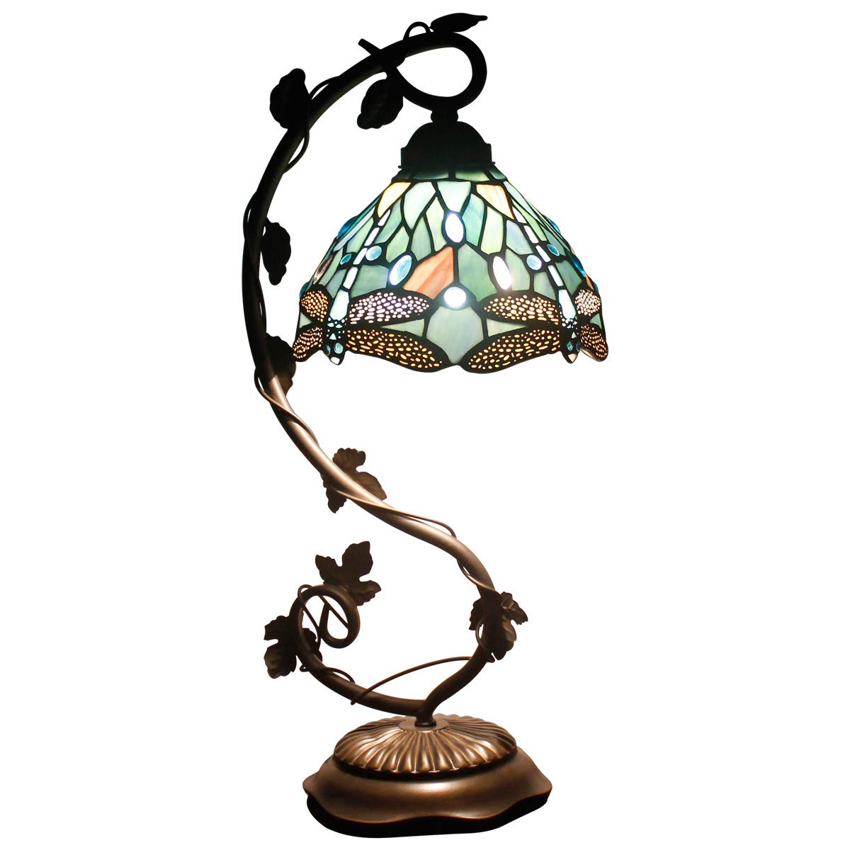 WERFACTORY Tiffany Table Lamp, Sea Blue Dragonfly, Metal Leaf Base, 8x10x21 Inches, Ideal for Bedroom & Home Office