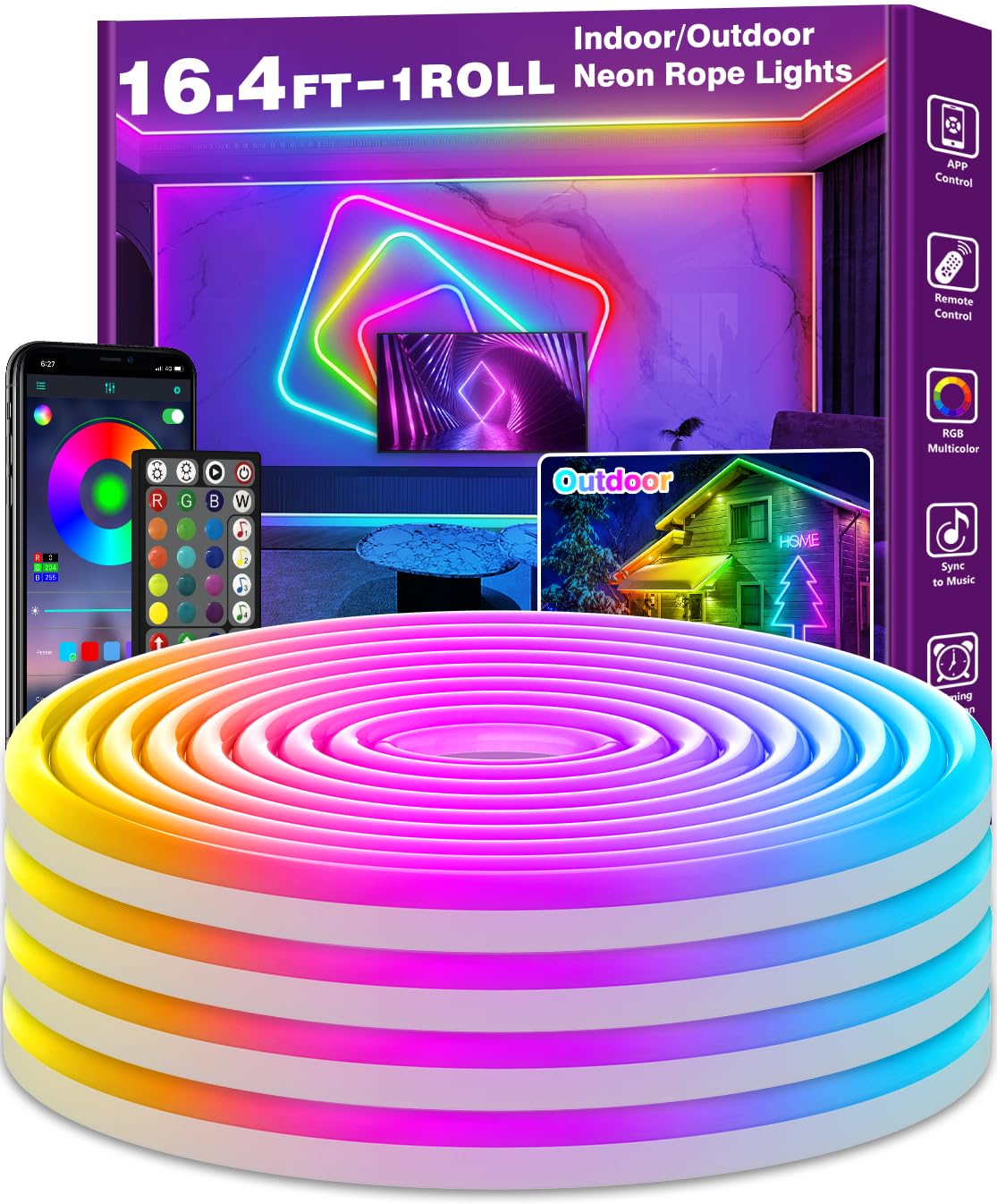 AILBTON Neon Rope Lights, 16.4Ft Flexible LED Strip, RGB Colors, Music Sync, IP65 Outdoor, Model 20FT-Led Neon
