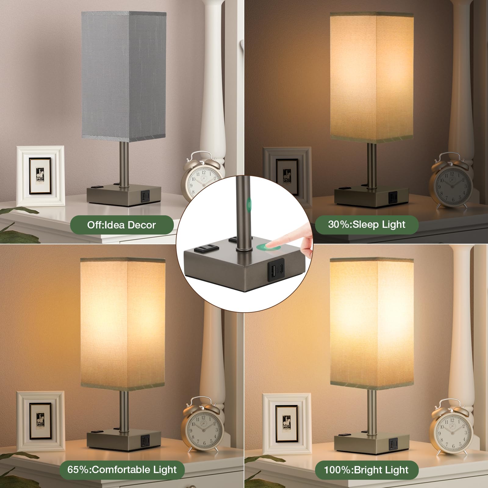 Aooshine Dark Grey Touch Lamps Set Of 2 - Nightstand Lamp With Usb-C + A Charge Ports & Ac Outlets, 3-Way Dimmable Bedside Lamp,