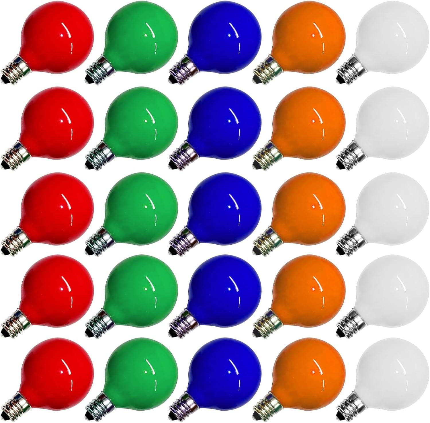 25 Pack G40 Replacement Bulbs  Multicolor Christmas Replacement Light Bulbs For Christmas String Lights  Indoor Outdoor Holiday Decor  E12 Candelabra Base  5 W Incandescent Night Light Bulbs