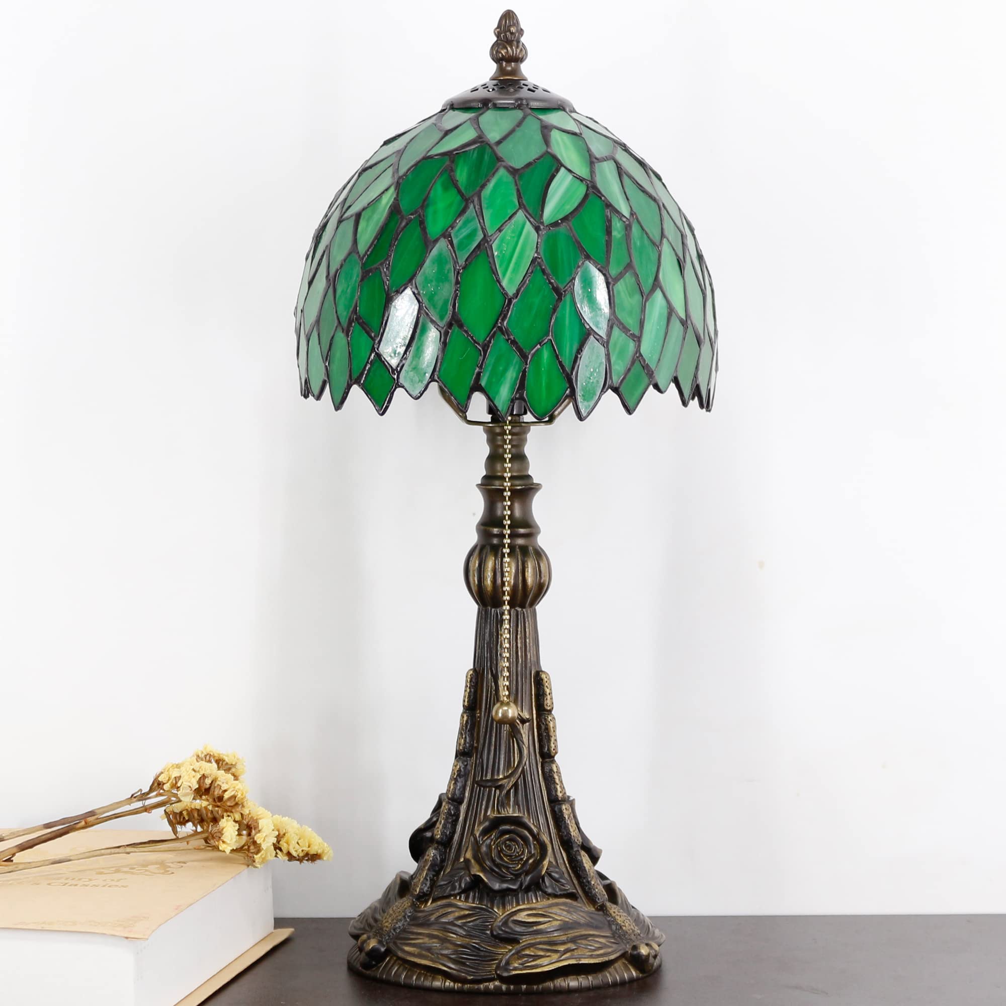 Small Tiffany Lamp Mini Stained Glass Desk Lamp Vintage Table Lamp Tiffany Style Night Light 8X17.5 Inch (Green Wisteria Leaves