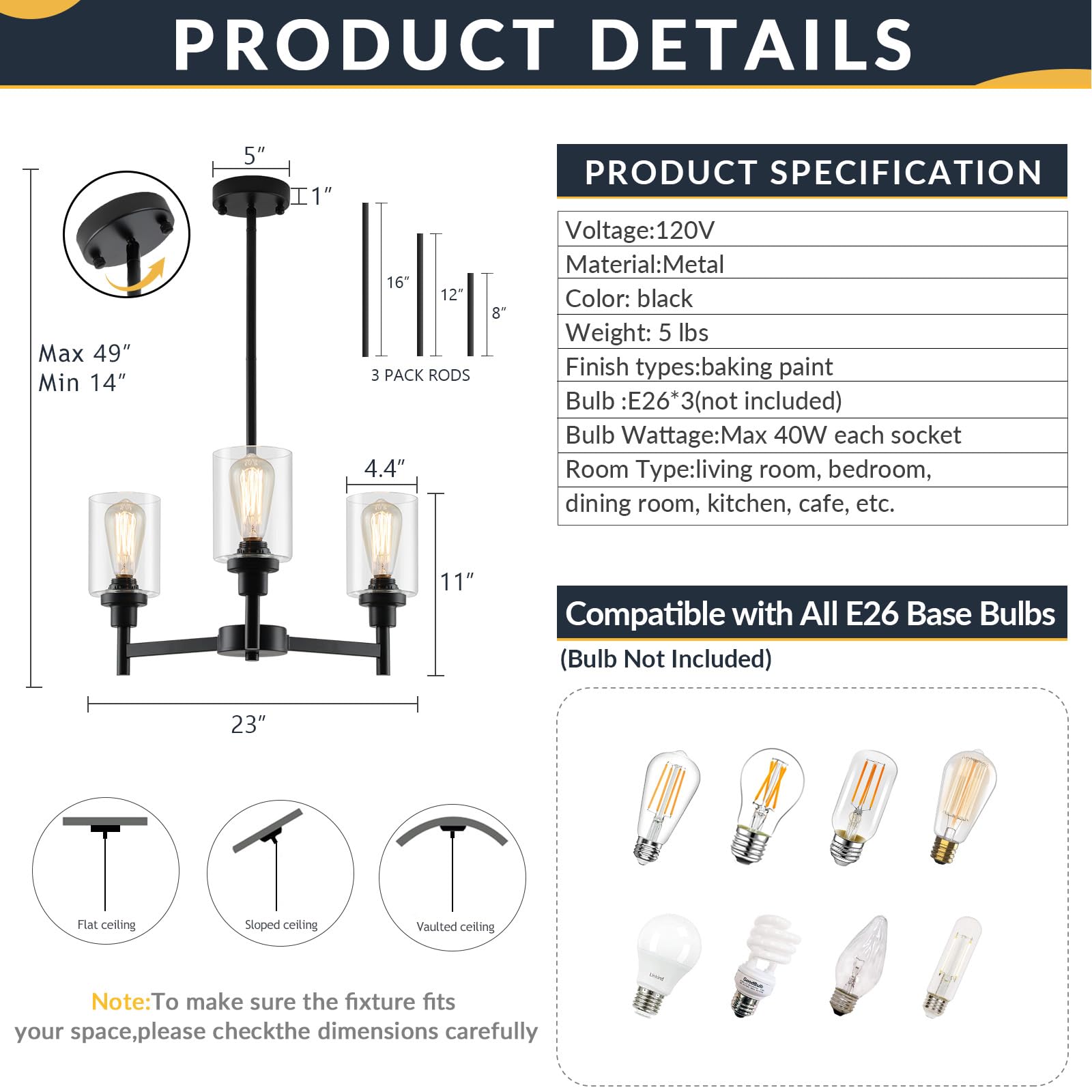 LIGHTDAMY 3-Light Black Chandelier - Glass Shade Lighting Fixture for Dining Room, Foyer, Hallway - Model Y292492501