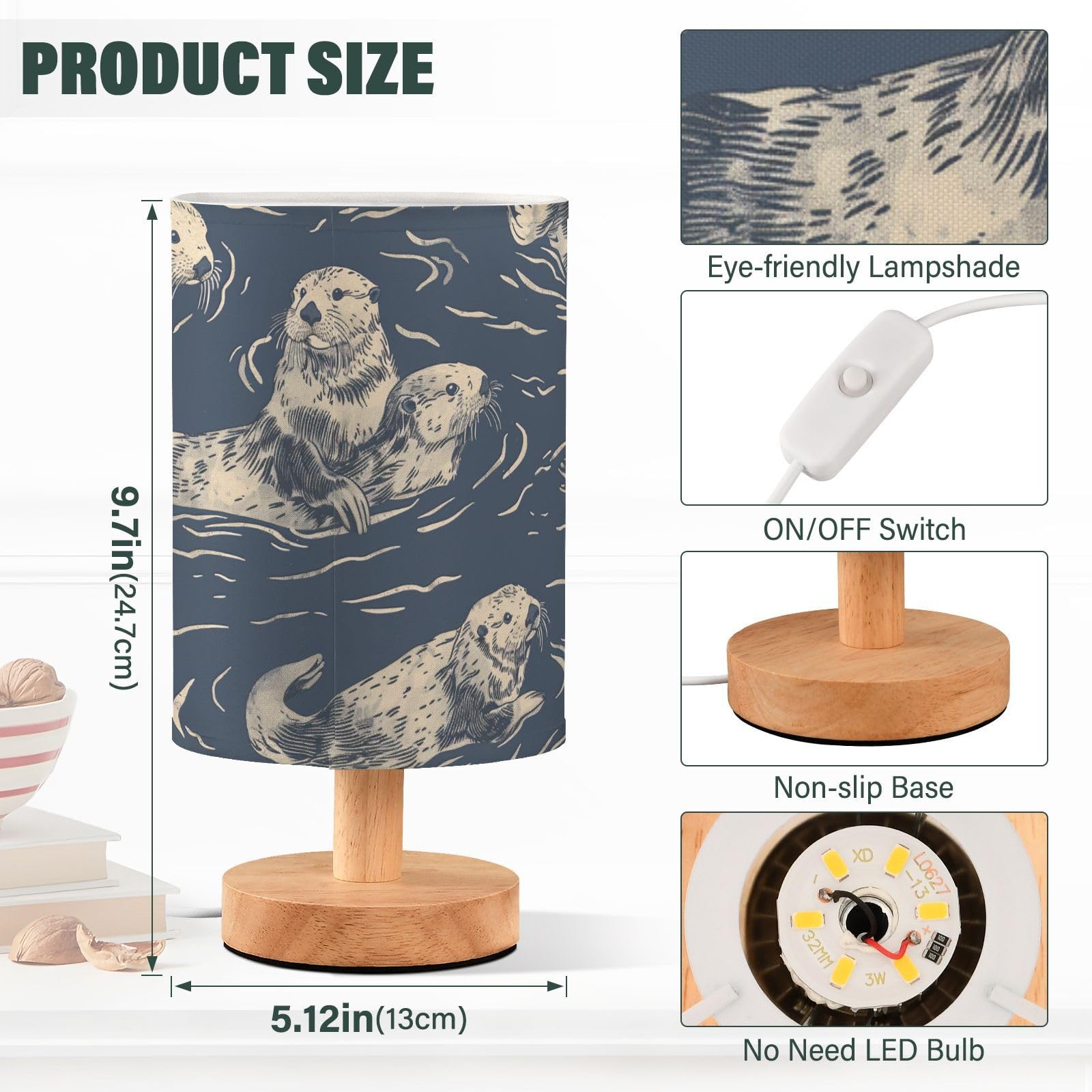 Oarencol Bedside Table Lamp Sea Otter Animal Blue Nightstand Lamp With Wood Desk Lamps For Bedroom Living Room Nursery Office Ho