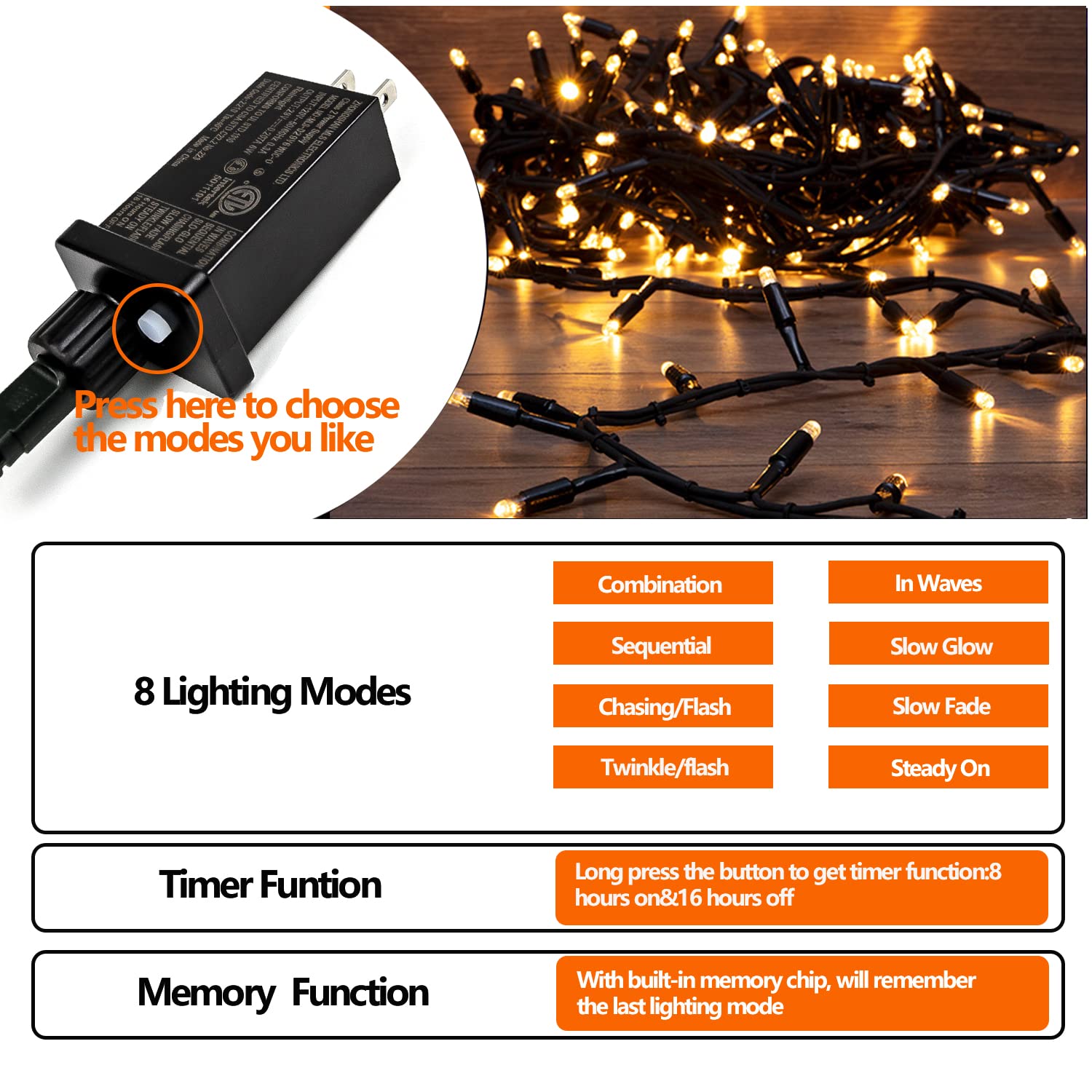 YIQU 33FT 100 LED Christmas String Lights, Warm White, Waterproof, 8 Modes, UL Certified, Model MLS-D29V6WUC-O
