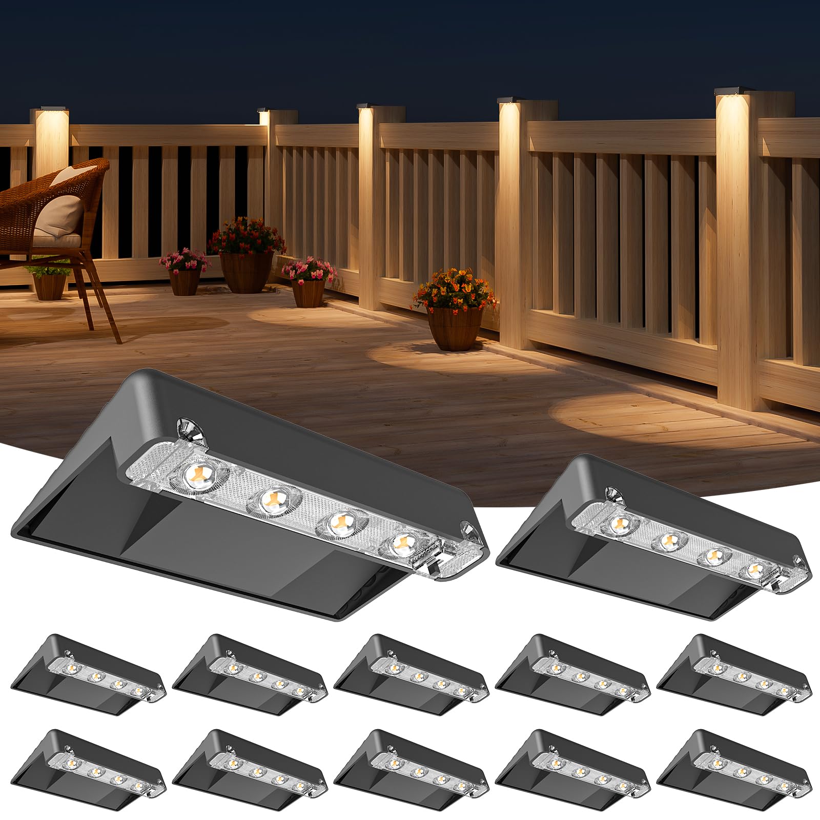 NIORSUN Solar Deck Lights Outdoor 12 Pack  IP65 Waterproof Large Size LED Stair Lights with Lenses  Auto ON Off Warm White Step Lights for Outside  Deck  Patio  Fence  Yard  Pathway and Railing Decor