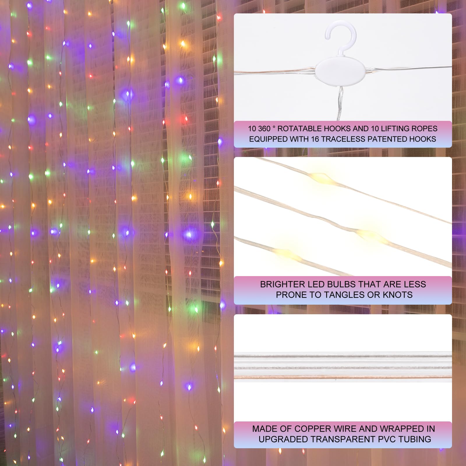 Sinamer Pixie Curtain String Light With Untangled Wires, Multicolor Curtain Light For Bedroom, Usb Powered 8 Modes Remote Fairy Light For Home Wedding Party Decor
