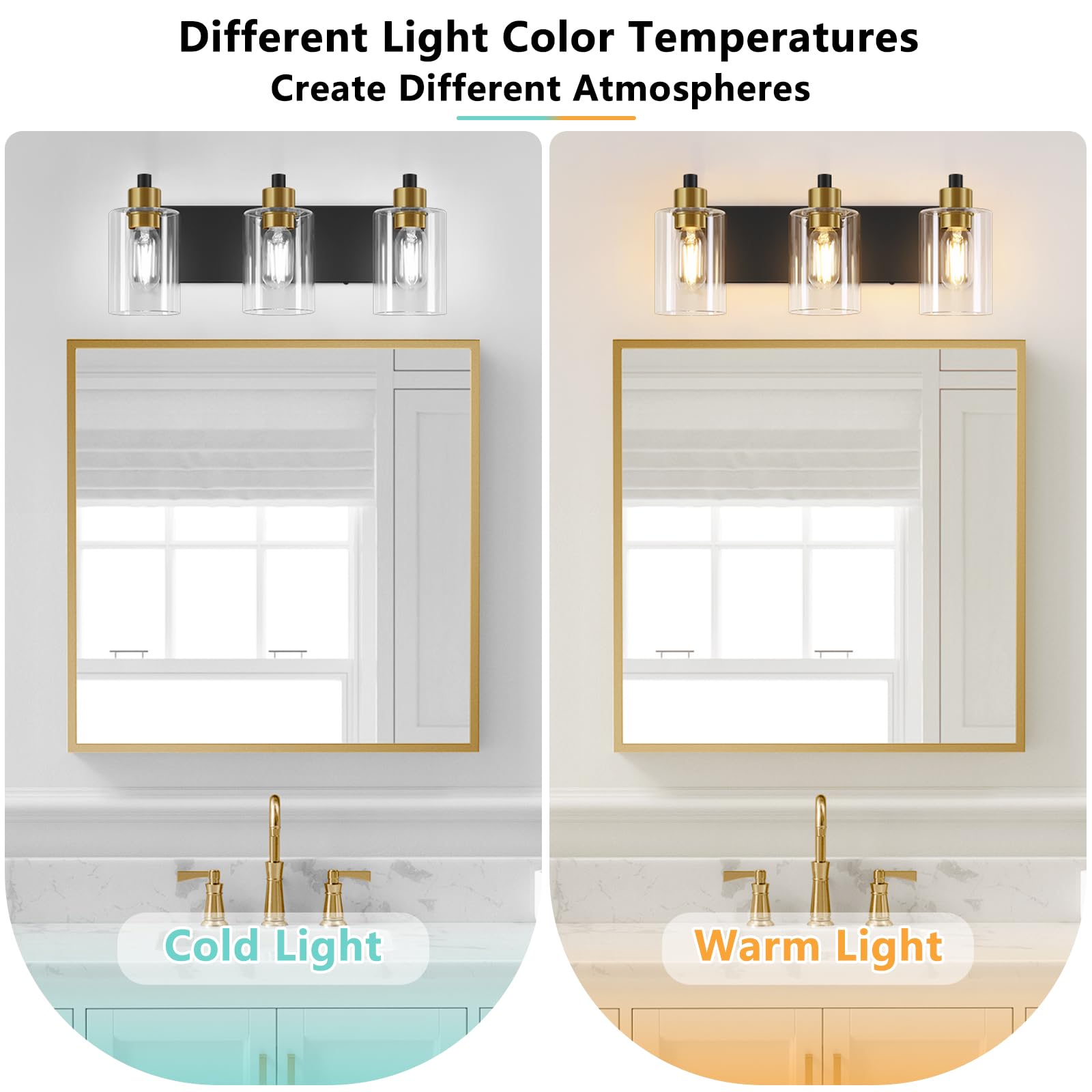 Dpyrrhic 3-Light Bathroom Light Fixtures, Matte Black and Gold, Metal, JD-188, Modern Wall Sconces with Clear Glass Shade