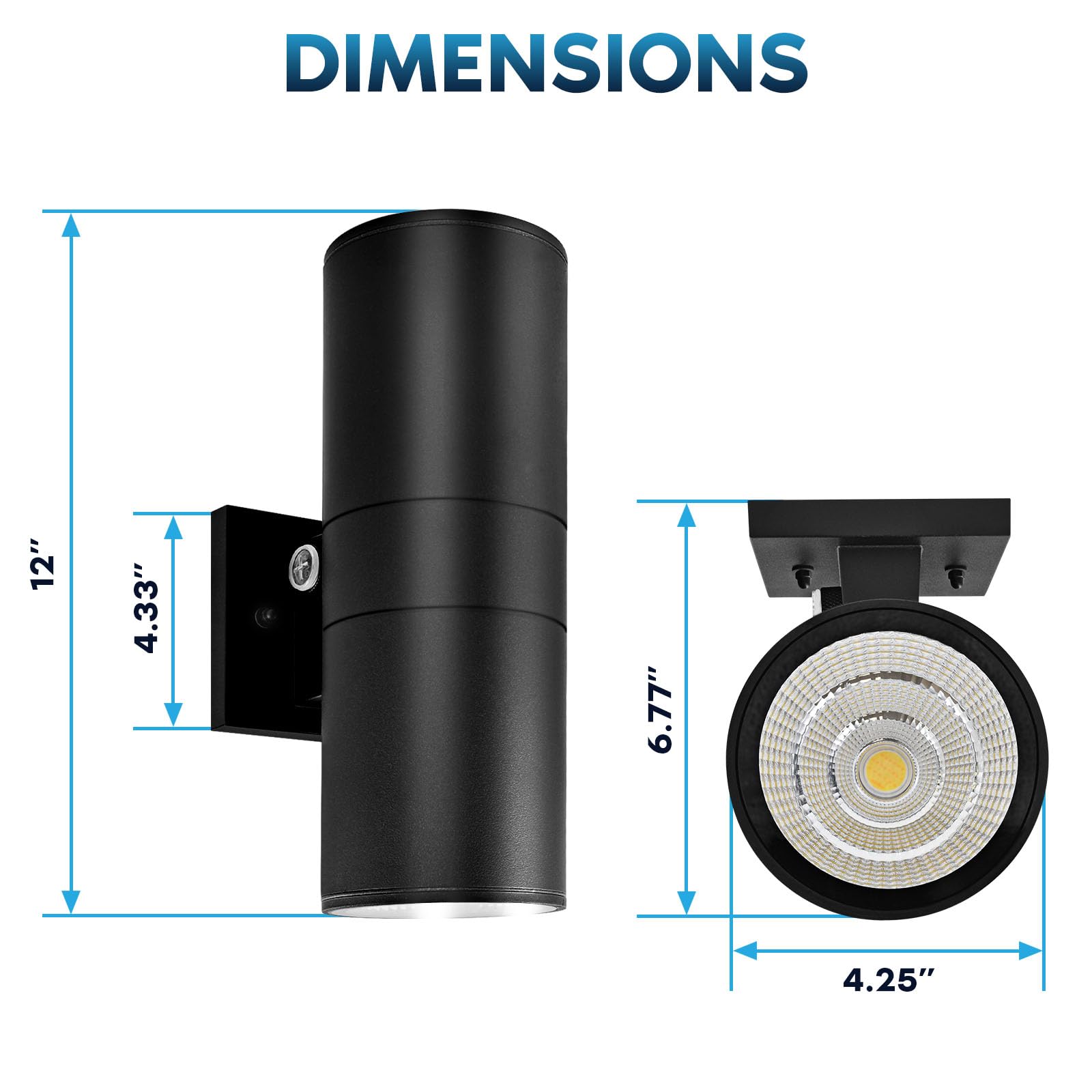 LUXRITE Dusk to Dawn LED Wall Lights, Waterproof Cylinder Sconce, 12in, 3CCT (3000K-5000K), Dimmable, Black, 2