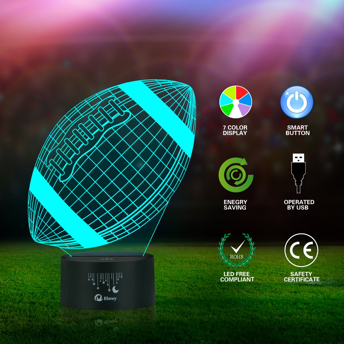 Elstey Football 3D Lamp Night Light, 7 Color Changing, Acrylic & ABS, USB Powered, Decorative Gift