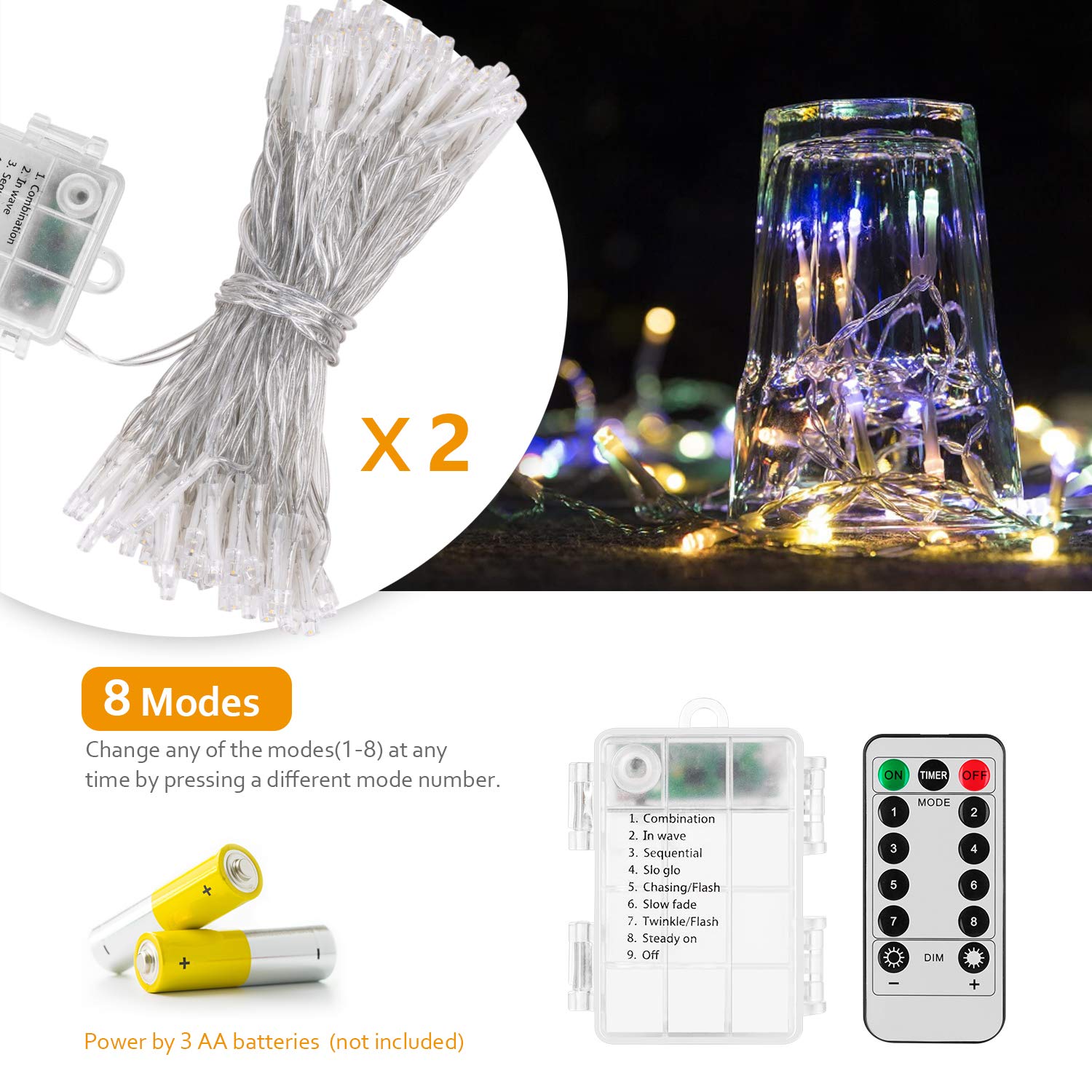 Koxly String Lights, 2 Pack Battery Operated String Lights With Remote Timer Waterproof 8 Modes 36Ft 100 Led String Lights For B