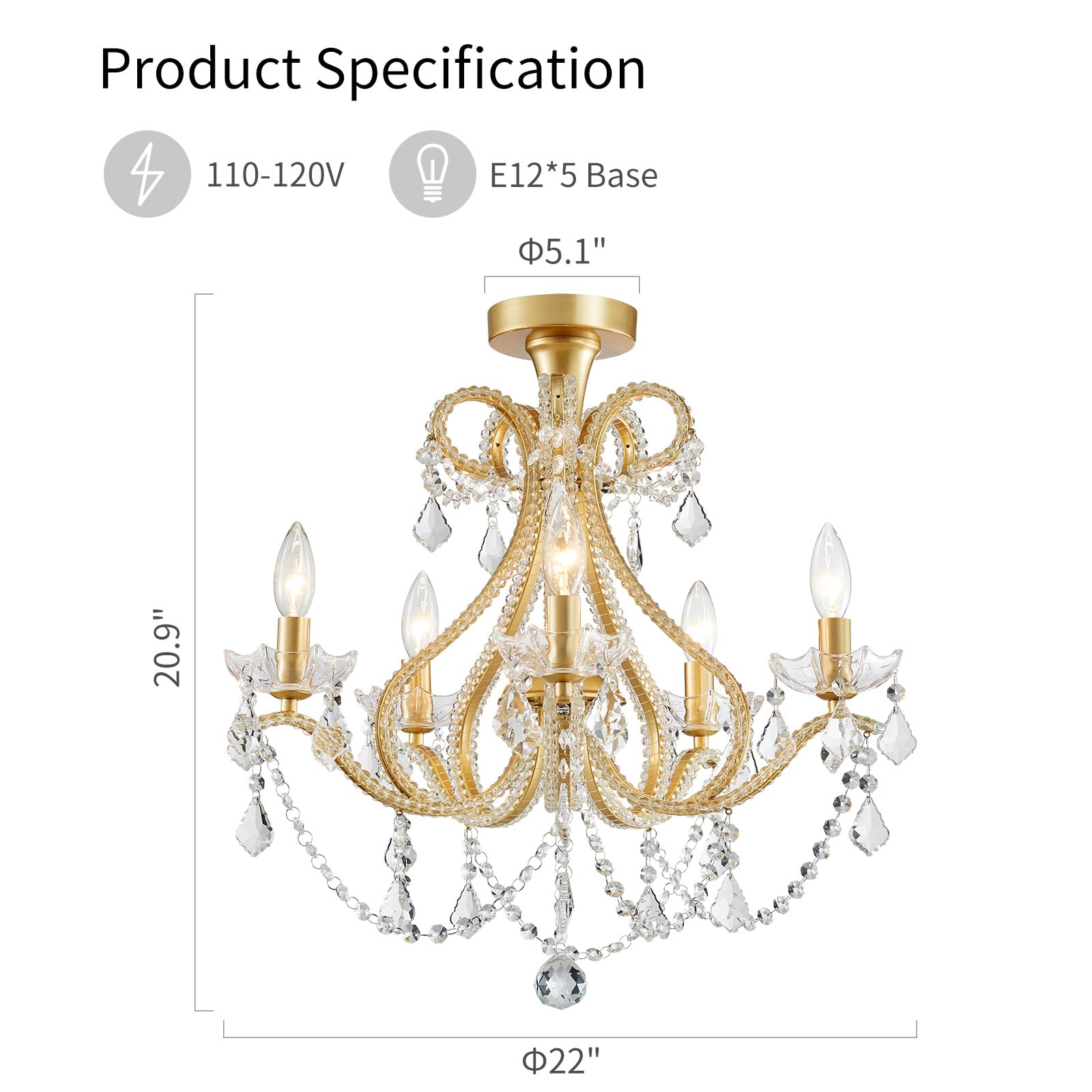 WUZUPS 5-Light Crystal Candle Chandelier, Metal Ceiling Light, 20.9in High 22in Wide, Gold, Model USHD-5511506GD