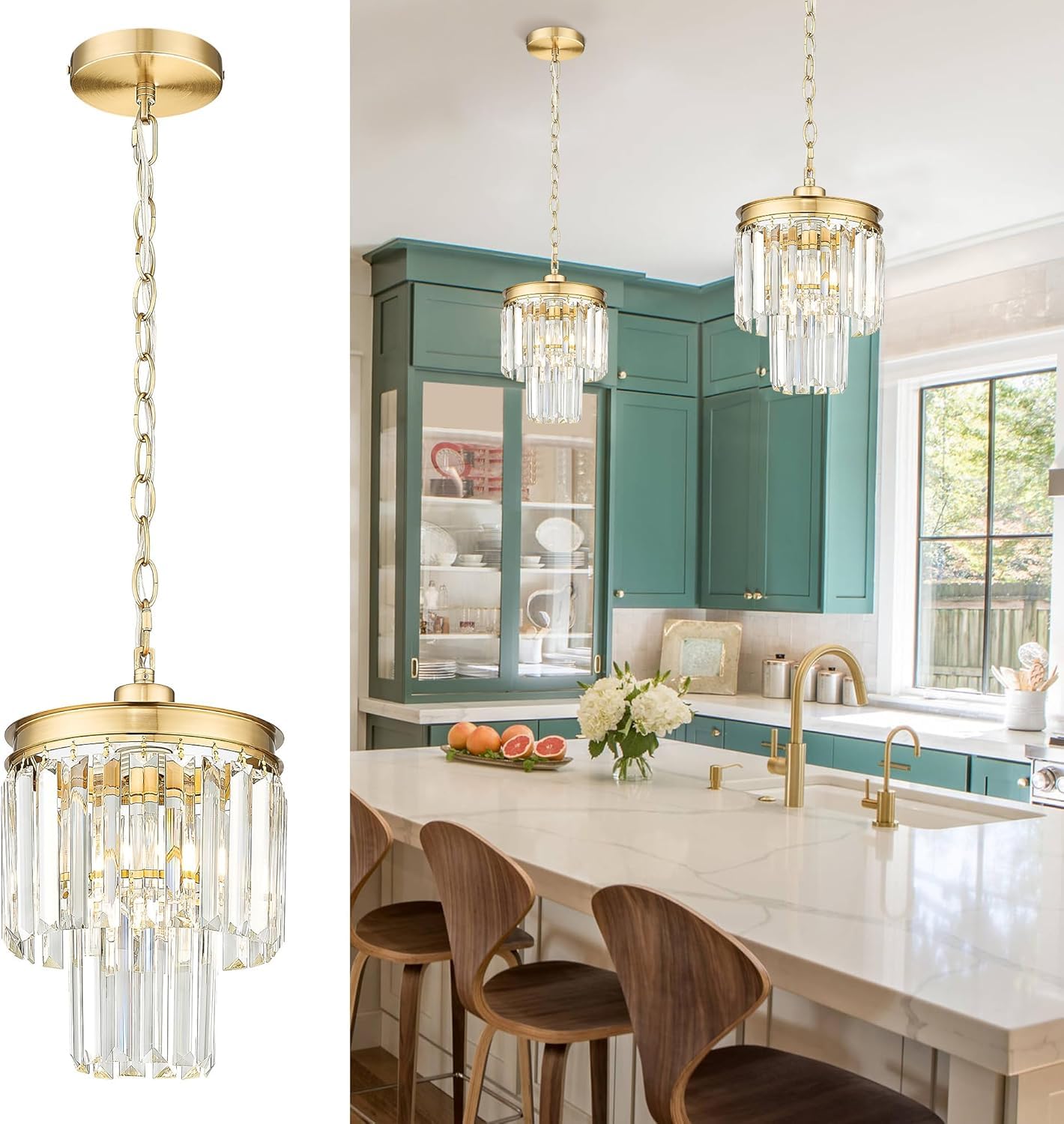 KLKLCH Crystal Chandeliers, Gold Pendant Light Fixtures, 1-Light Small Modern Chandelier Lighting, 2-Tier Hanging Light Fixture 