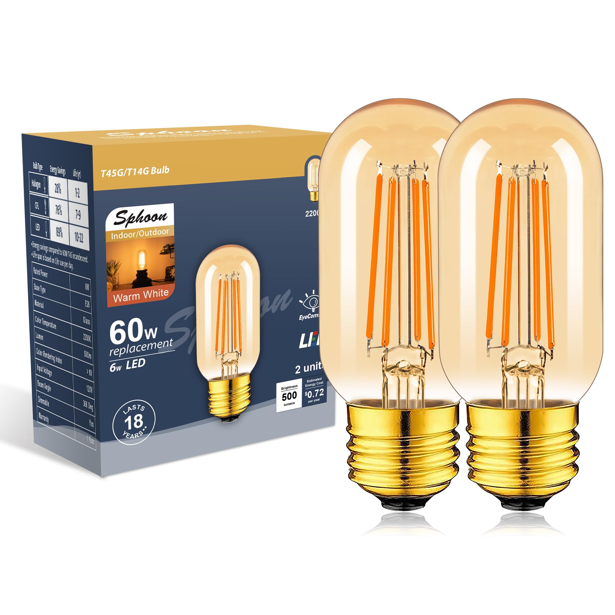 Sphoon Amber Light Bulb,Dimmable Tubular led Bulb, T45 Edison LED Bulbs, 60W Equivalent, 6W 500lm, 2200K Warm White, LED Filamen