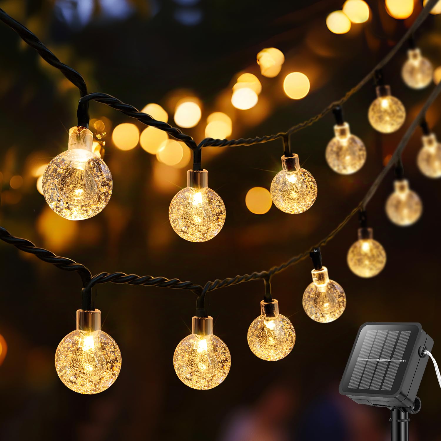 Metaku Solar String Lights, 36FT 60 LED, Warm White, Plastic, 8 Lighting Modes for Outdoor Patio, Garden, Camping, Party Decor