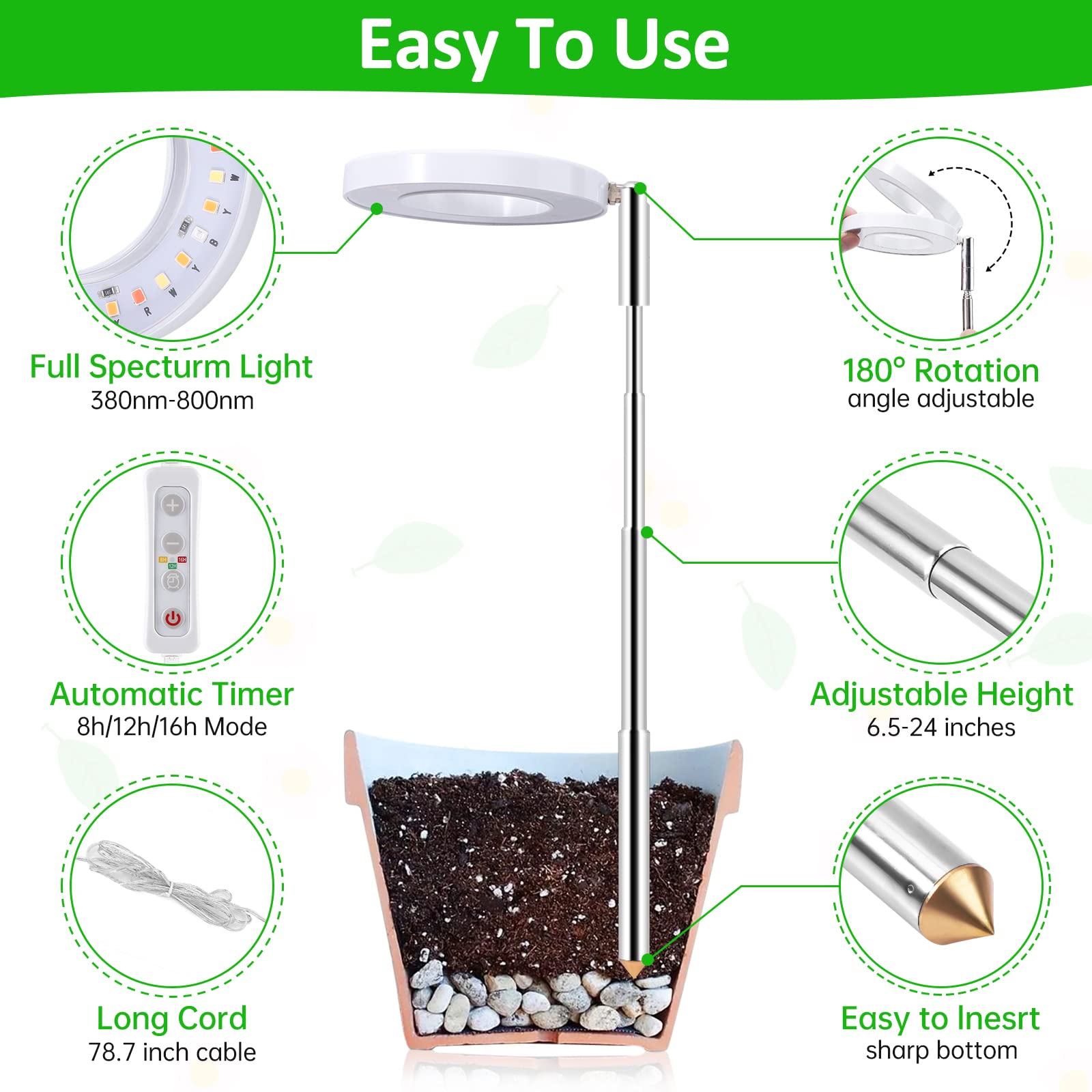 Grow Lights for Indoor Plants, Romsto LED Full Spectrum Plant Light Height Adjustable with 10 Dimmable Brightness, 8/12/16H On/O