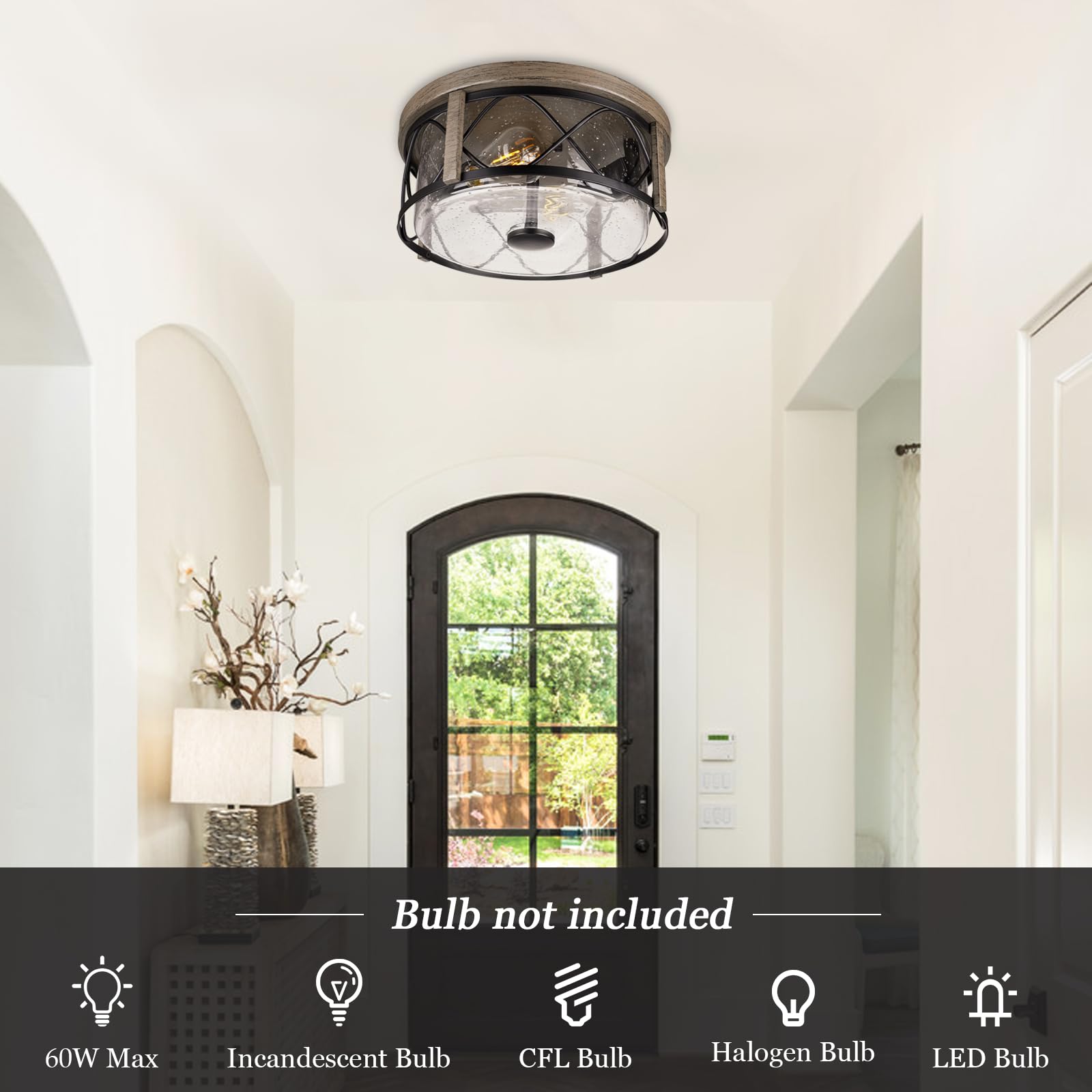 Rosient Rustic Flush Mount Ceiling Light, Wood Grain Metal Cage With Seeded Glass, Farmhouse Design