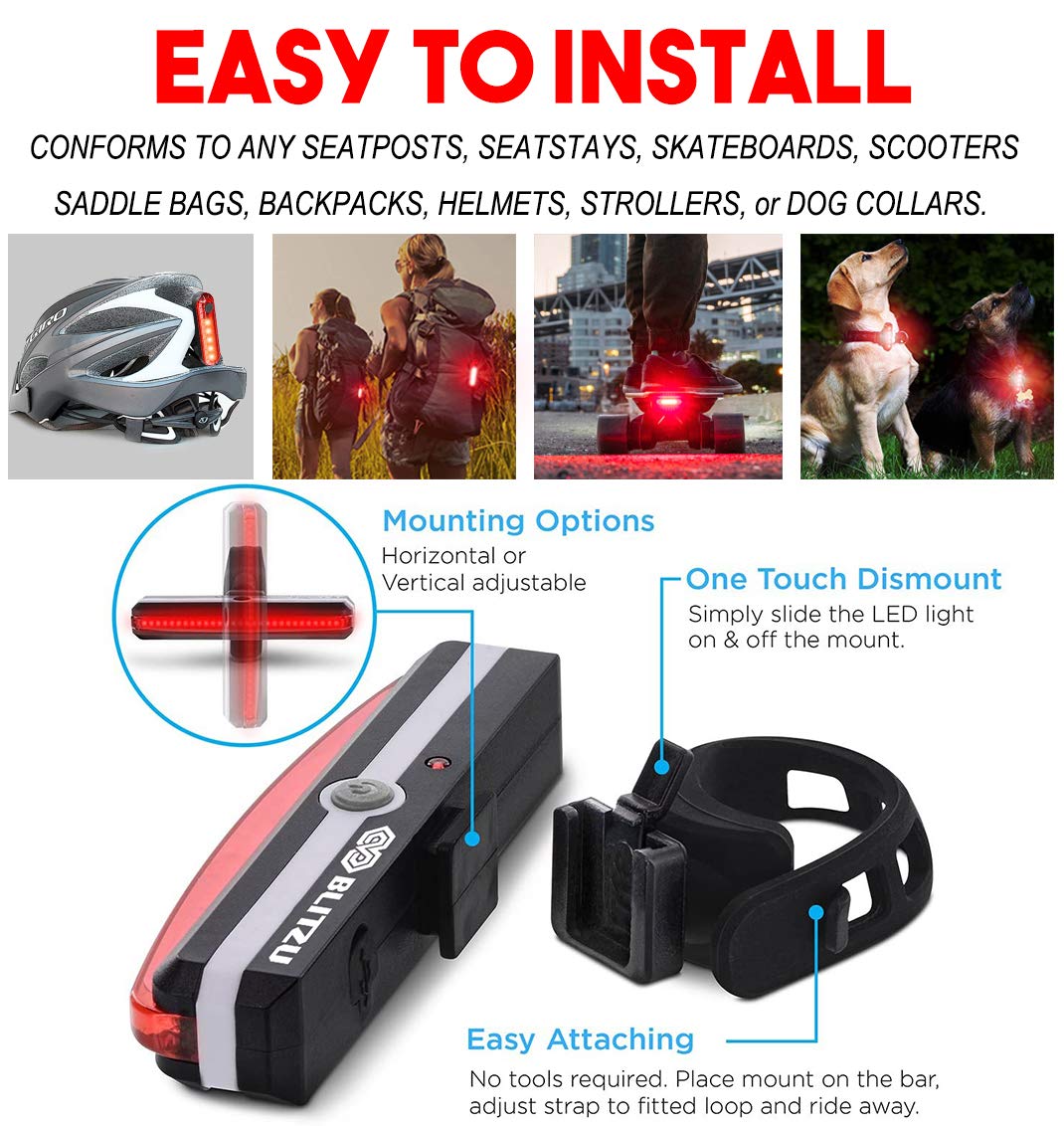 BLITZU 2025 Cyborg Bike Light Set - USB Rechargeable LED Tail & Headlight, White & Red, Model Blitzu-01, Cycling Safety Accessories