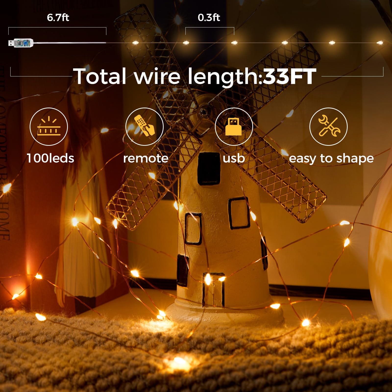 Ariceleo 1 Pack 32. 8 Ft. Usb Powered Fairy Lights With Remote & Timer, 100 Led Usb Twinkle String Lights - Silver Wire, 8 Modes, Waterproof, Warm White Starry Lights For Party, Wedding, Christmas