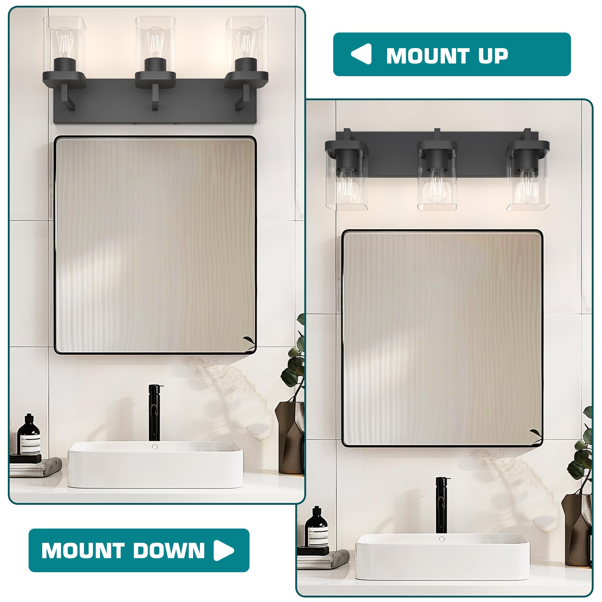 Danshinro Bathroom Lighting Fixtures Over Mirror, Square Design & Rectangle Large Backplate, 3 Lights Morden Vanity Lighting Fix