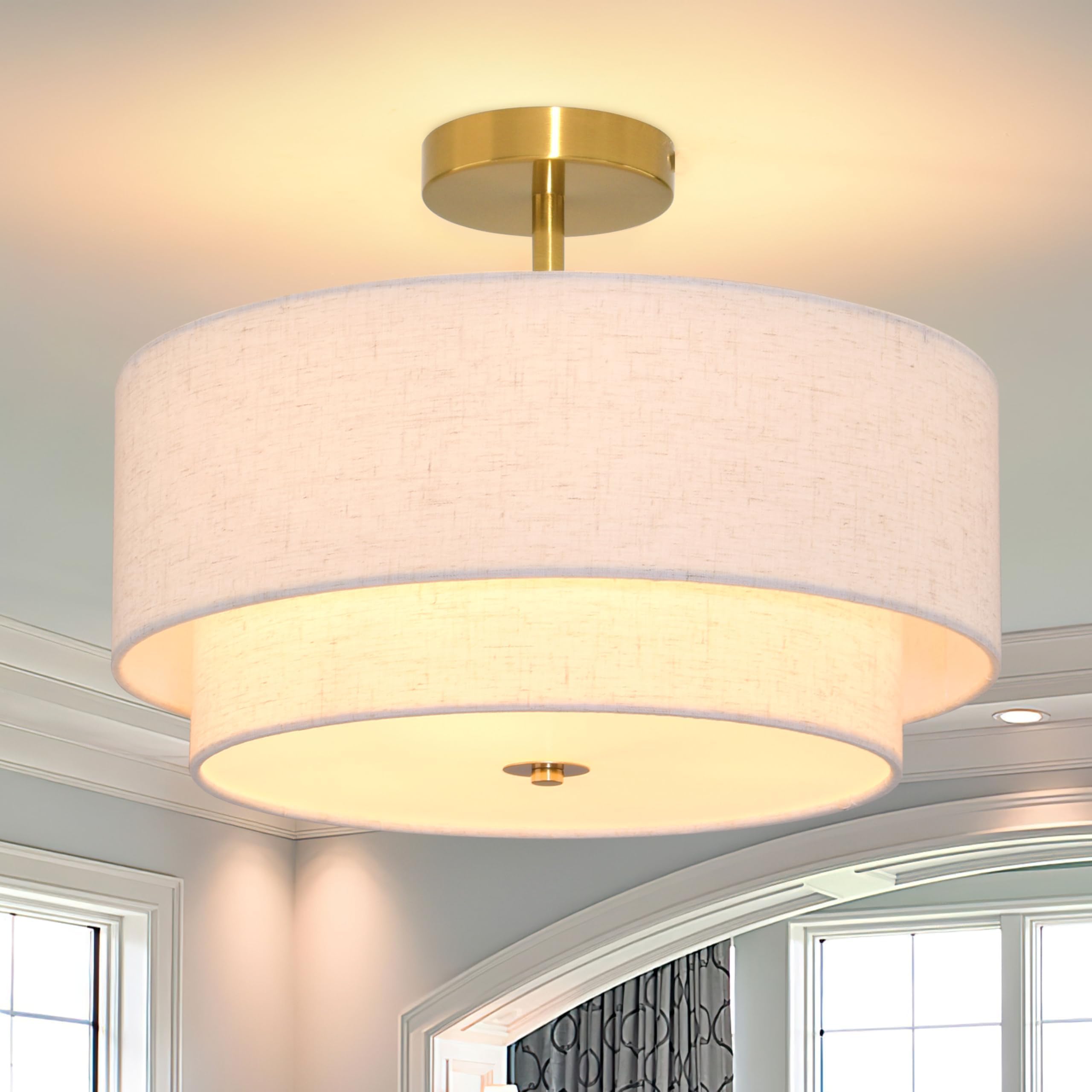3 Light Semi Flush Mount Ceiling Light Fixture 15.7 Inch Modern Gold Drum Ceiling Light Fixture With 2-Layer Fabric Shade Dimmab