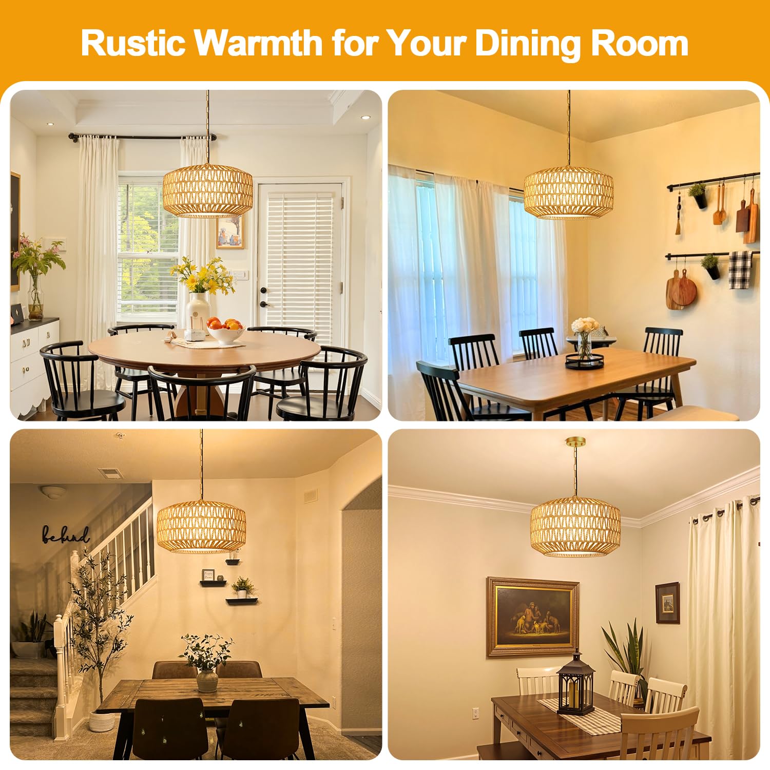 Lynnoland 19" Hand-Woven Rattan Chandelier Light Fixture, 5-Light Rustic Pendant, Gold, for Dining Room, Kitchen, Bedroom, Foyer