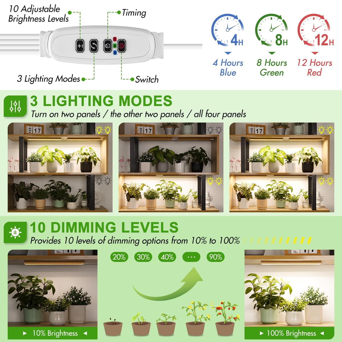 Foxgarden® Grow Light, Bamboo Full Spectrum Plant Light Strip For Indoor Plants, 384 Led Bright Grow Lamp With Auto On/Off Timer 4/8/12H, 3 Switch Modes, 10 Dimmable Levels, 4 Strips With 1 Controller