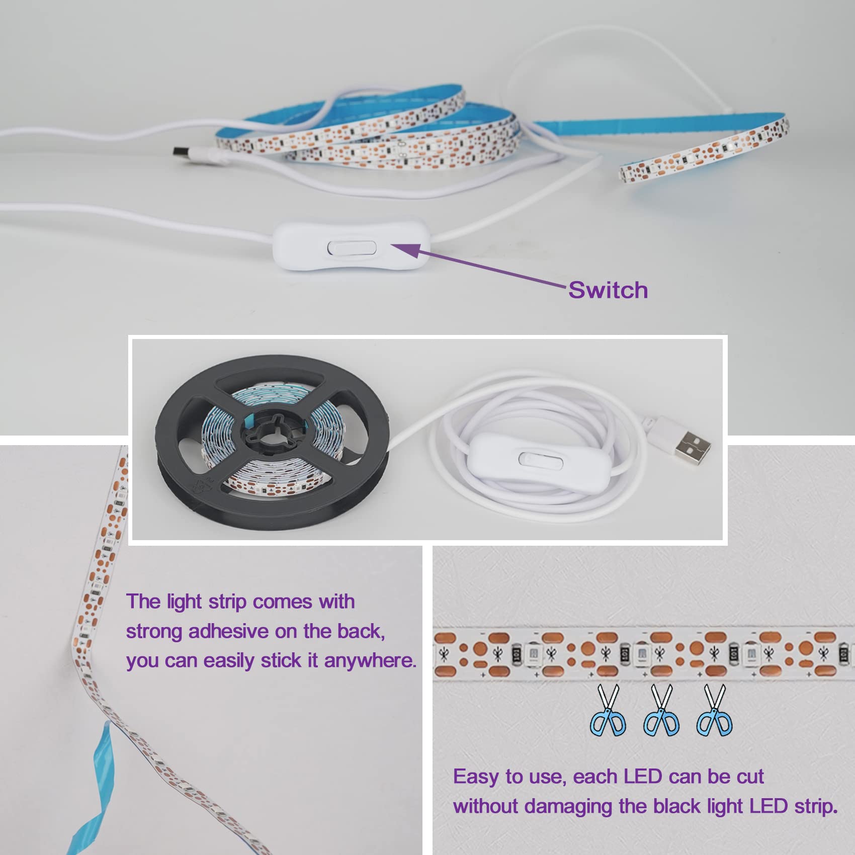 CICINY LED Black Light Strip, 6.6FT/2M, 120 Units UV 395-400nm, Flexible, USB DC 5V, Purple, Indoor Decor, Halloween