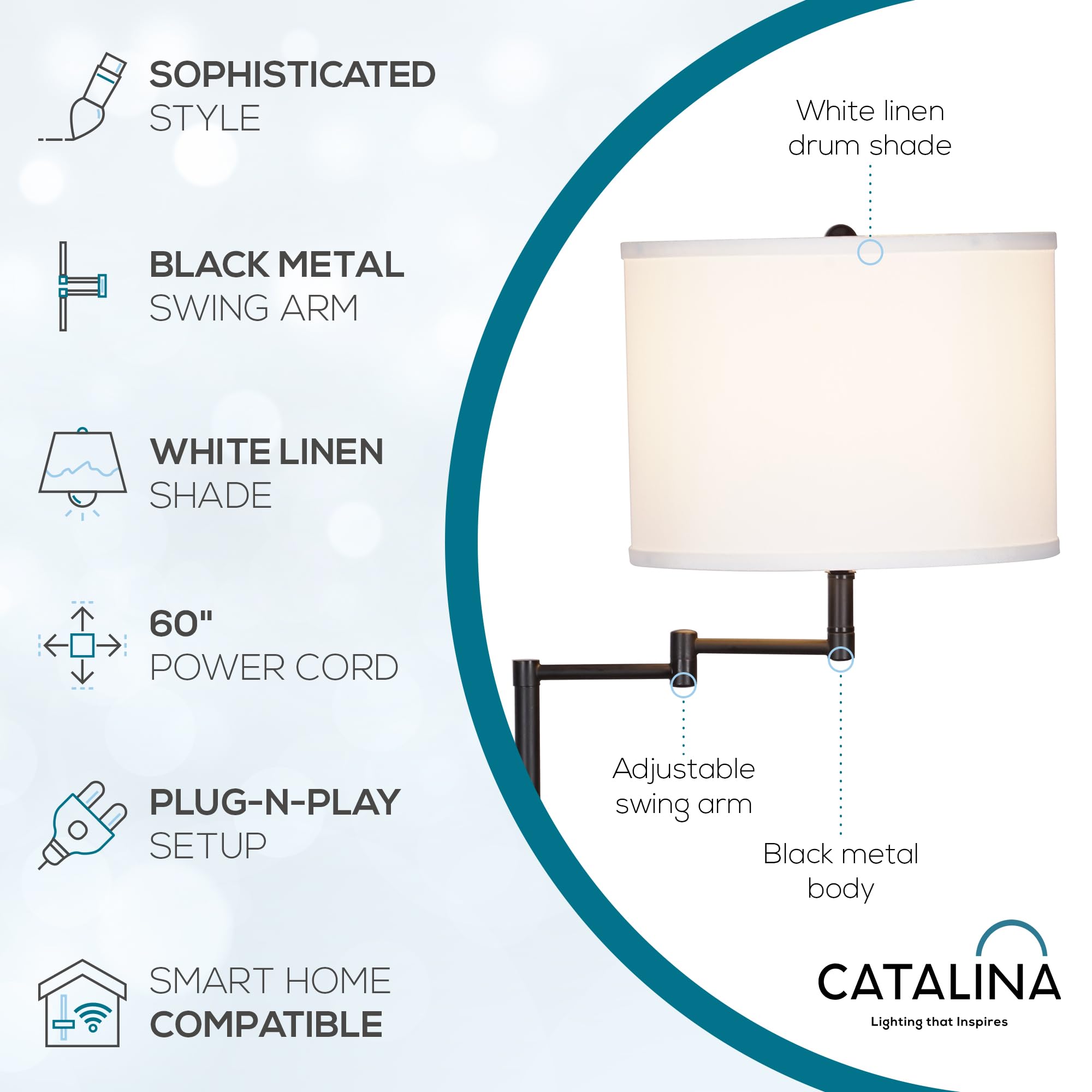 Catalina Lighting Traditional Swing Arm Floor Lamp, 60in, Black Metal, Model 24288-000, Smart Home Compatible