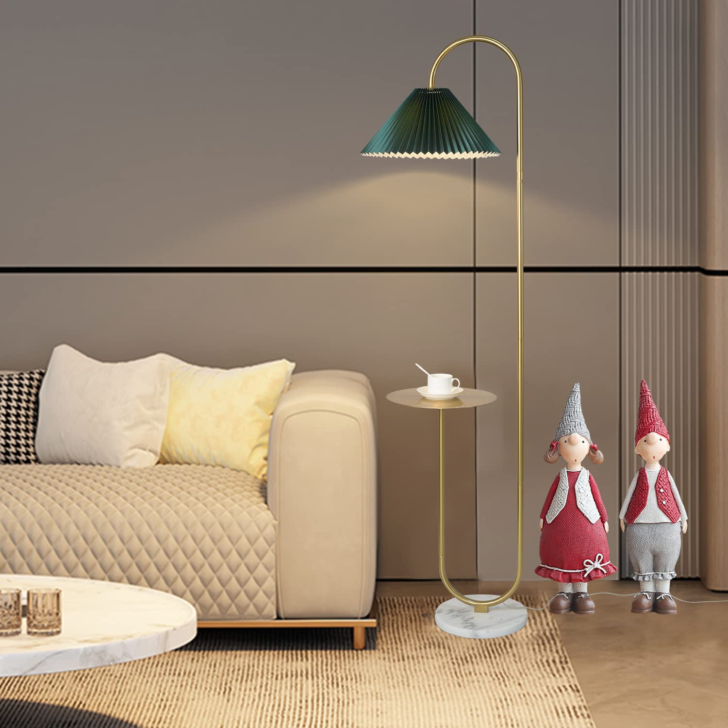 beaysyty Modern Elegant Floor Lamp with Tray, Brass Finish, Dark Green Pleated Lampshade, Foot Switch, Model CY4142