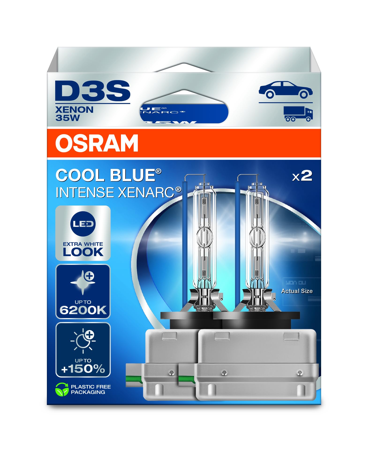 Osram XENARC Cool Blue Intense D3S, +150% more brightness, up to 6,200K, xenon headlight lamp, LED look, hanging folding box (2