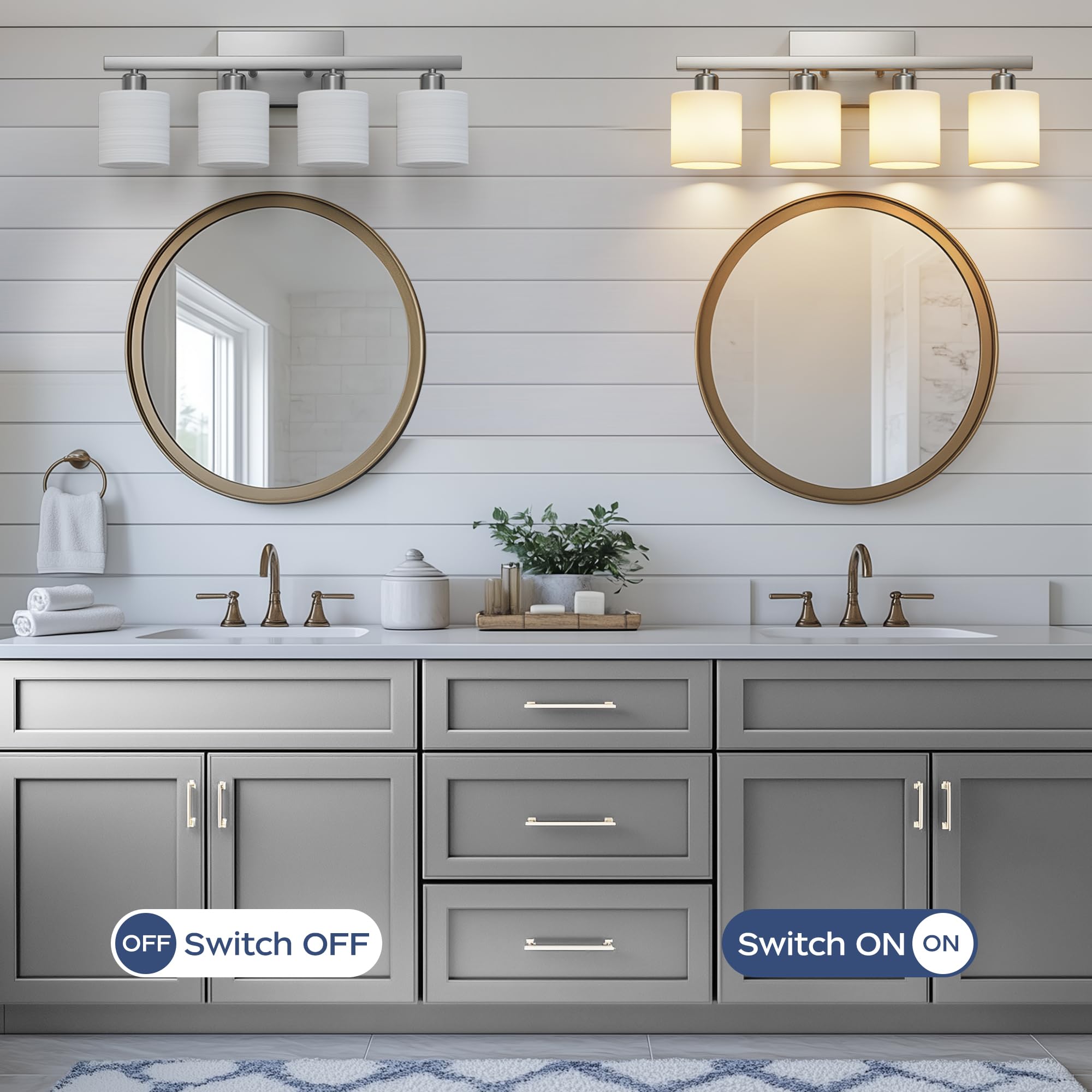 PARTPHONER Classic Vanity Lights, 4-Light Brushed Nickel, Frosted Opal Glass Shades, Model PAWL201AS1