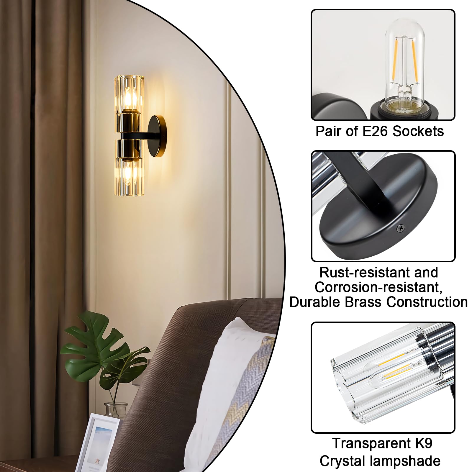 Plsintly Black Crystal Wall Sconces Set Of Two  Wall Sconce Set Of 2  Black Sconces Wall Lighting With K9 Crystal Lampshade  Wall Lights For Bedroom Living Room Bathroom Hallway