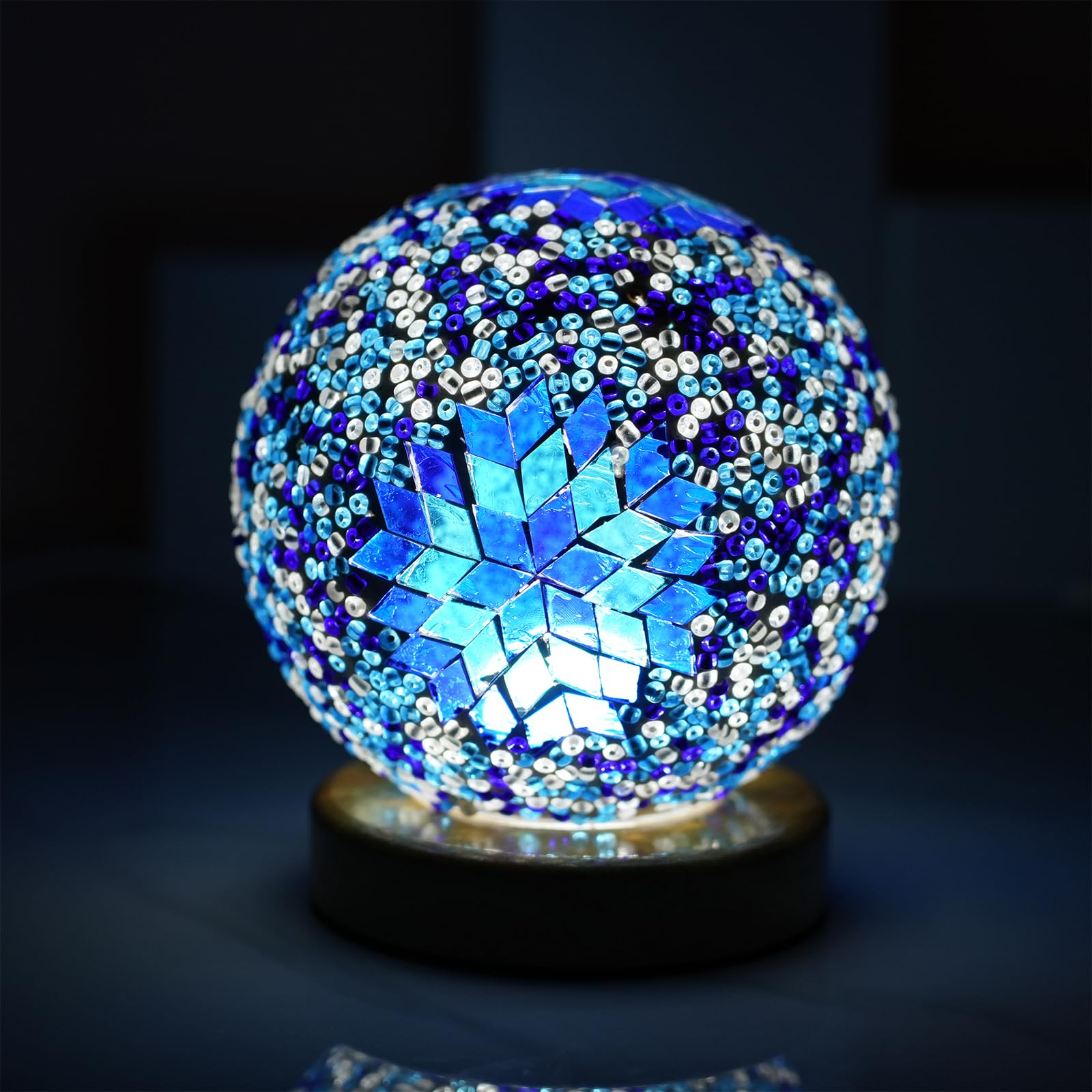 Turkish Table Lamp (D:4.7 X H:5.2) Mosaic Glass Lamps With Wooden Base  Bohemian Tiffany Bedside Lamps  Usb Power Moroccan Lantern For Living Room Halloween Decorations (Boho - Sky Blue  Boho)