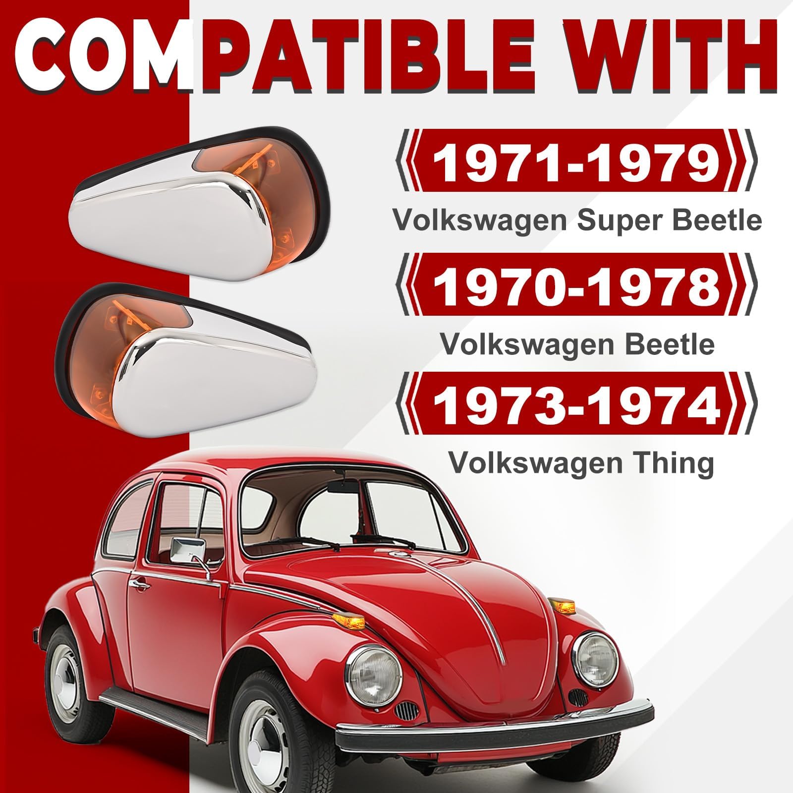 HECASA Turn Signal Light Assembly for 1970-1979 VW Bug, Amber Lens, Pair, Plastic, Model MO-4974, Right & Left Side