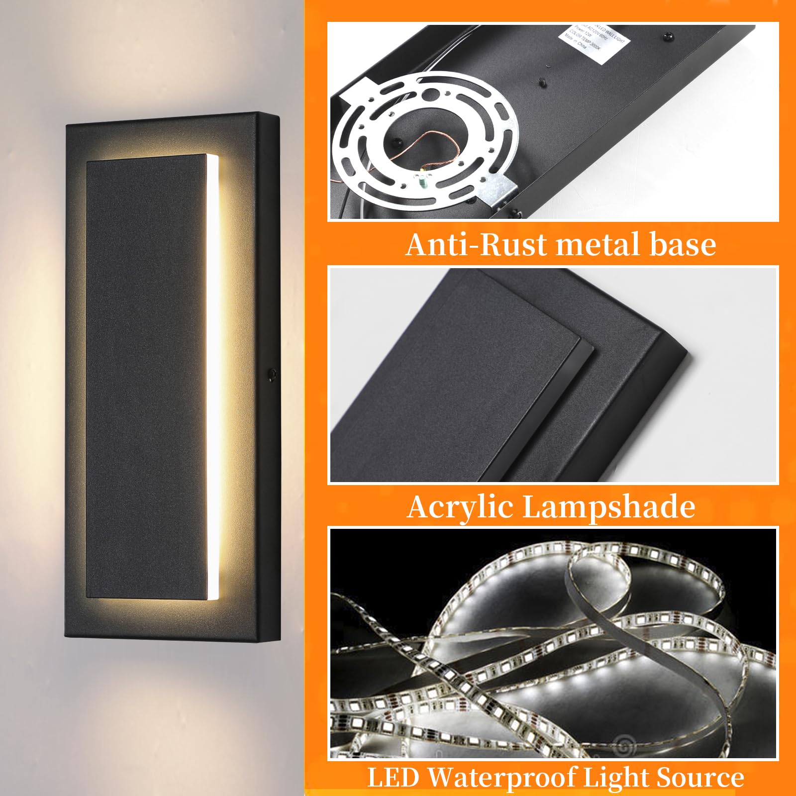 ZSMAIKU Outdoor Wall Lights, Black Iron Sconces, 11.8" Waterproof, 3000K Warm White, Modern Design, 360° Beam Angle, 1 Pack