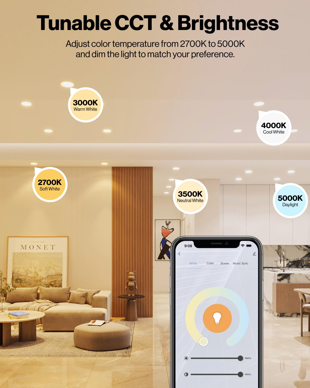 Sunco 4 Pack 6 Inch Smart Ultra Thin Led Recessed Ceiling Lights Slim, Rgb+5000K Daylight, Dimmable, 15W, Canless Wafer With Jun