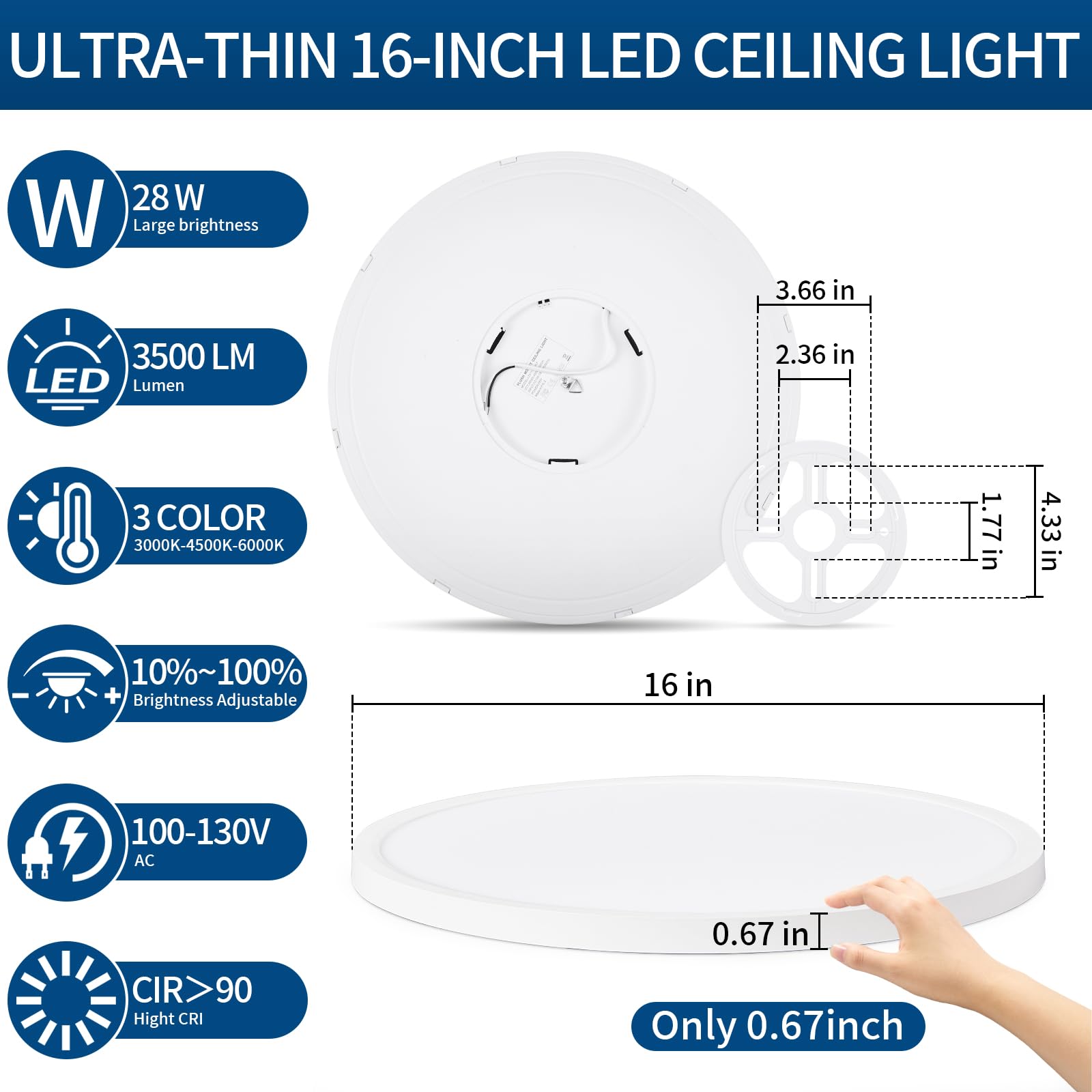 Glowall 2 Packs 16'' Led Ceiling Light Fixture, 0.67 Inch Ultra Thin Flush Mount, Dimmable & 3000K/4500K/6000K Selectable, 28W 3