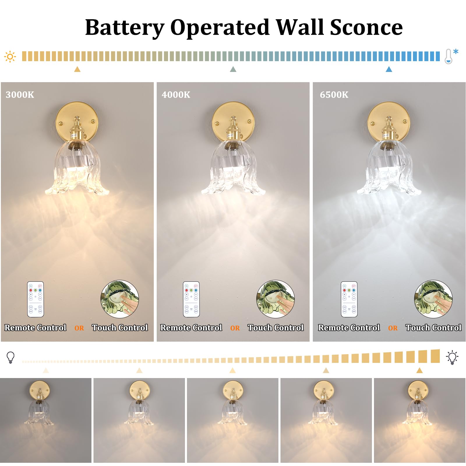 Shenmoyl Vintage Battery Operated Wall Sconce, Rechargeable LED Light, Wireless, Dimmable, Glass, Transparent Lily, Model 1-94910-sconc