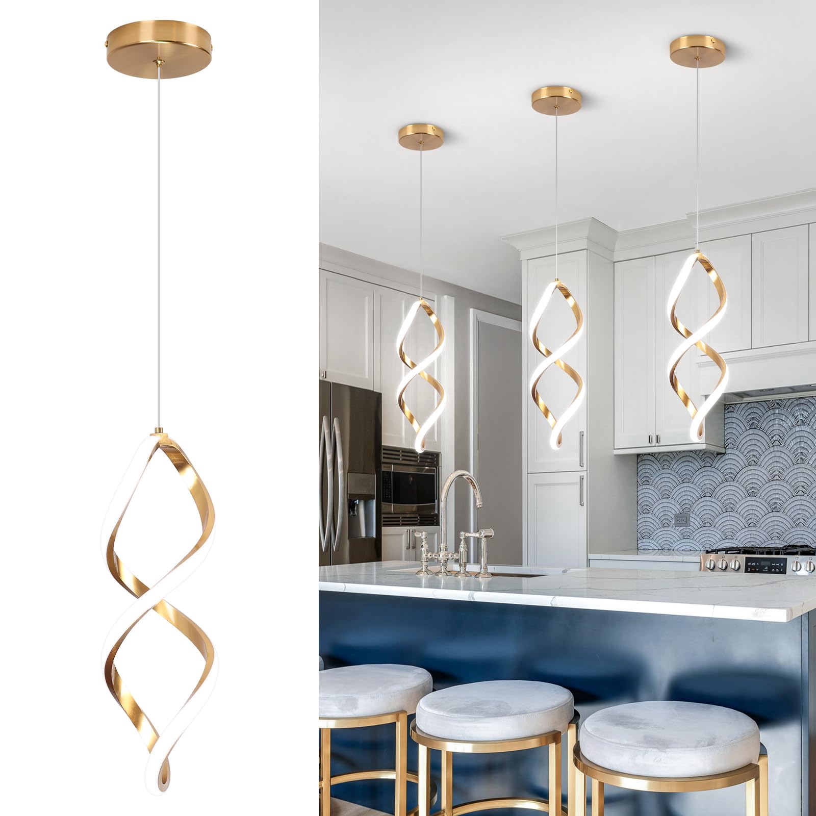 Vloitgol Gold Led Pendant Lights Kitchen Island,5500K Modern Led Pendant Lighting Over Island, Adjustable Hanging Pendant Light 