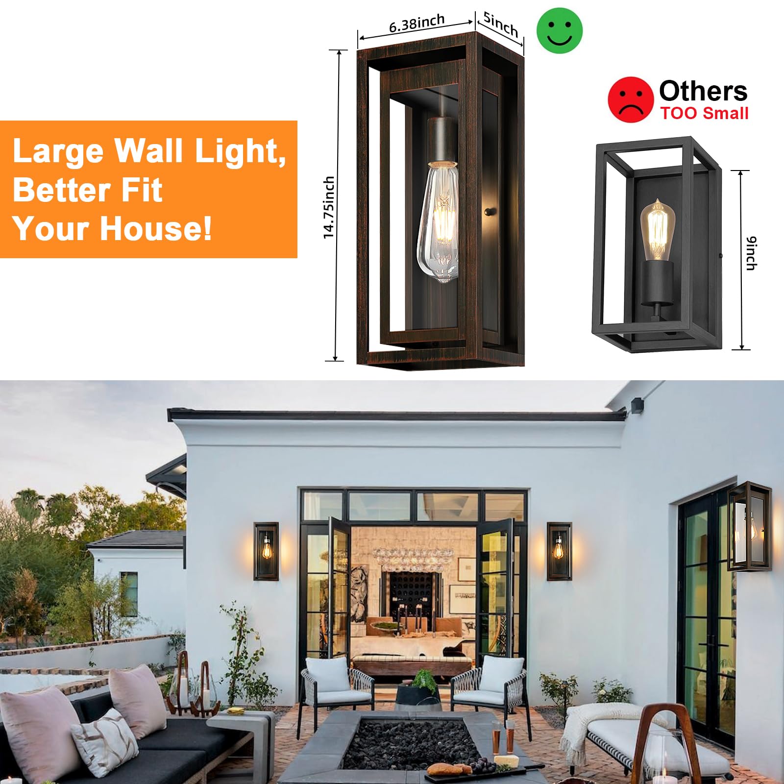 Slypadan 15" Outdoor Wall Mount Light Fixture - 2-Pack Distressed Brown Waterproof Sconce with Clear Glass Shade for Porch & Garage