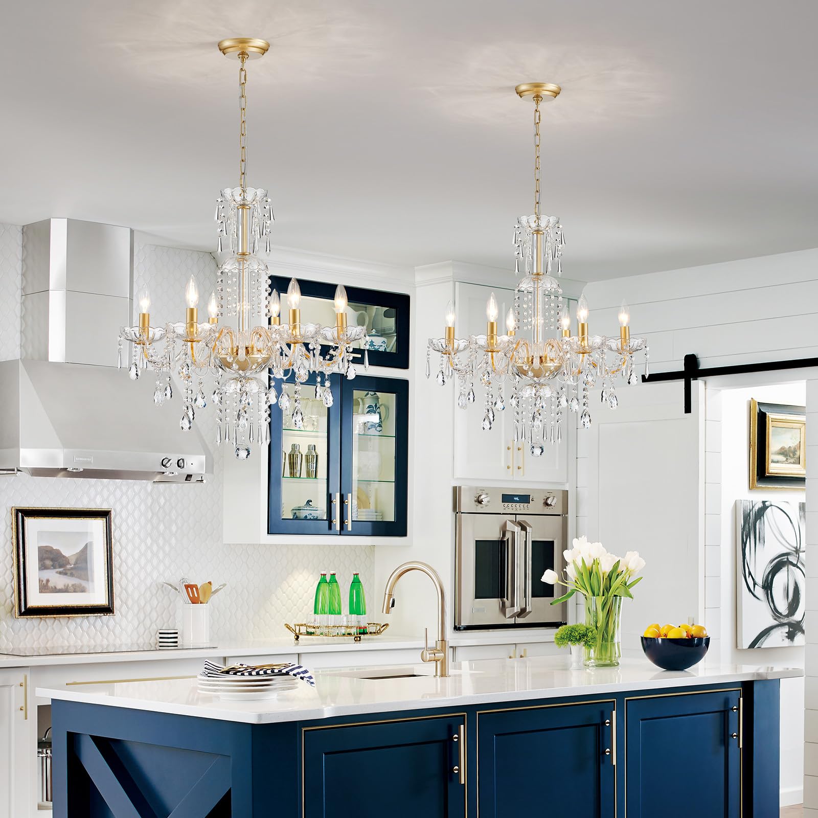 Wuzups 6-Light Crystal Candle Chandelier Pendant Ceiling Light Modern Lighting Fixture For Bedroom Hallway Bar Kitchen Bathroom  H 25.6 W 24.4  E12 Base  Gold